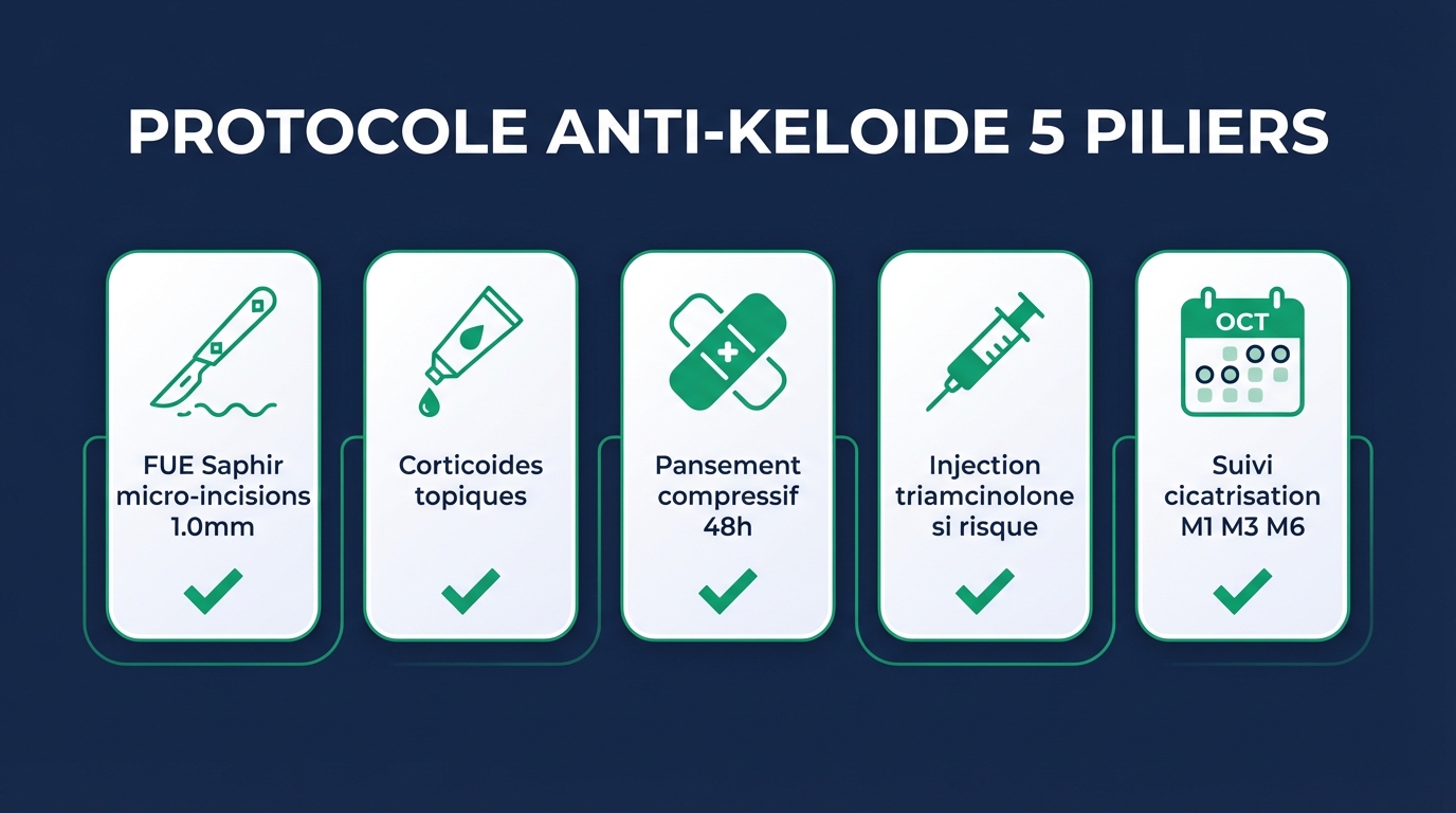 Protocole anti-chéloïde pour greffe capillaire sur peau noire : 5 piliers de prévention | Renaissance Clinique Infographie du protocole anti-chéloïde pour greffe capillaire sur peau noire : 5 étapes — sélection patient, micro-incisions saphir, prophylaxie corticoïde, suivi adapté, prise en charge précoce des anomalies cicatricielles