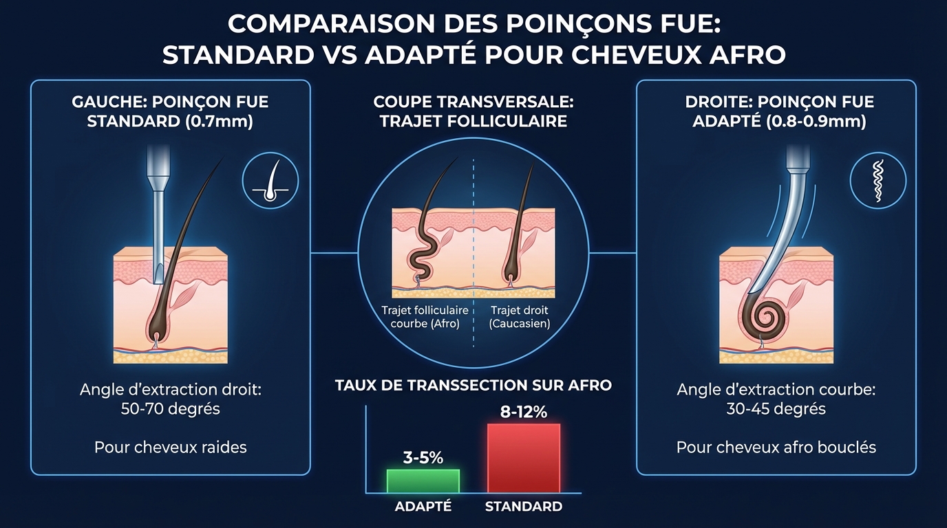Technique FUE Saphir adaptée aux cheveux afro : punches 0,8 mm suivant la courbure folliculaire | Renaissance Clinique Schéma médical montrant la technique FUE Saphir adaptée aux cheveux afro-texturés : punch de 0,8 mm suivant la courbure naturelle du follicule crépus, comparaison avec un follicule droit standard — extraction manuelle adaptée pour peau noire