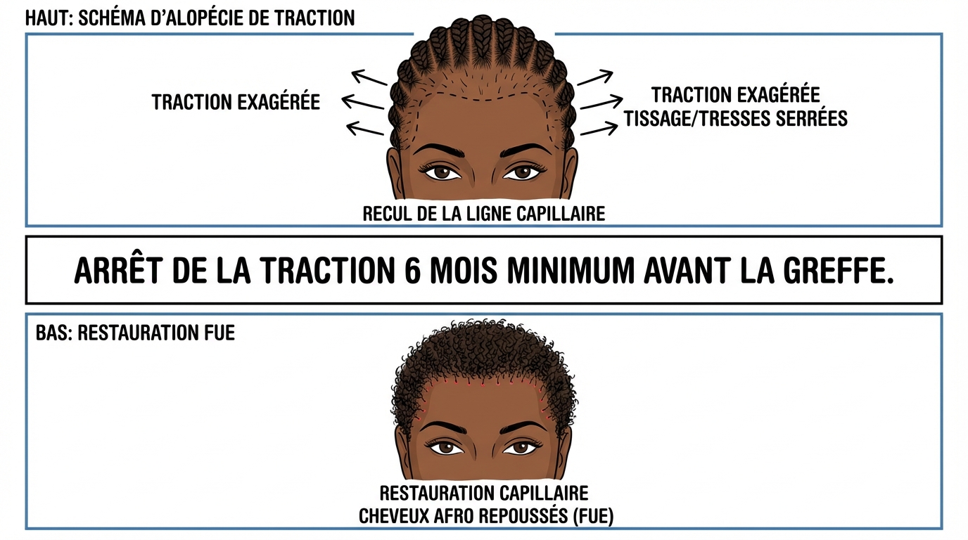 Alopécie de traction : zones affectées par les coiffures serrées et restauration par greffe FUE Saphir | Renaissance Clinique Illustration médicale de l'alopécie de traction chez une patiente à peau noire : zones de perte de cheveux causées par les tresses serrées le long de la ligne frontale et des tempes — avant et après restauration par greffe FUE Saphir