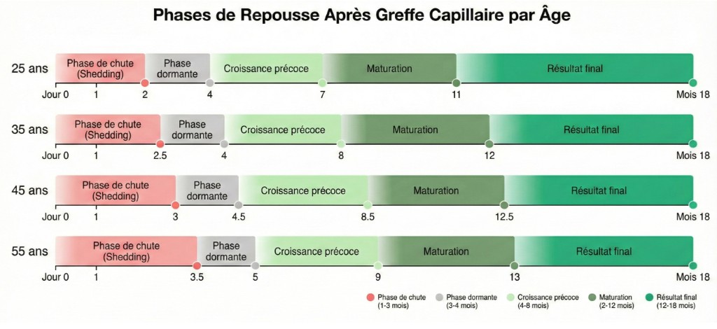 Graphique comparatif des phases de repousse après greffe capillaire selon l'âge du patient (25, 35, 45 et 55 ans). Quatre timelines parallèles horizontales du jour 0 au mois 18 : phase de chute (shedding, rouge, mois 1-2 à 3.5 selon l'âge), phase dormante (gris, mois 2-5), croissance précoce (vert clair, mois 4-9), maturation (vert foncé, mois 7-13), résultat final (émeraude, mois 11-18). Les patients de 25 ans atteignent le résultat final dès le mois 11, contre le mois 13 pour les patients de 55 ans. Légende colorée en bas : phase de chute (1-3 mois), phase dormante (3-4 mois), croissance précoce (4-8 mois), maturation (2-12 mois), résultat final (12-18 mois)