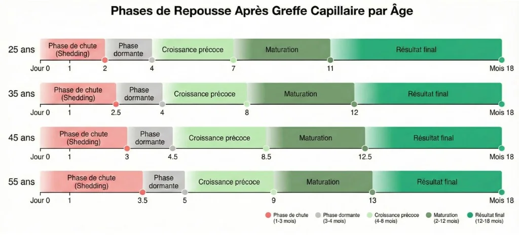 Graphique comparatif des phases de repousse après greffe capillaire selon l'âge du patient (25, 35, 45 et 55 ans). Quatre timelines parallèles horizontales du jour 0 au mois 18 : phase de chute (shedding, rouge, mois 1-2 à 3.5 selon l'âge), phase dormante (gris, mois 2-5), croissance précoce (vert clair, mois 4-9), maturation (vert foncé, mois 7-13), résultat final (émeraude, mois 11-18). Les patients de 25 ans atteignent le résultat final dès le mois 11, contre le mois 13 pour les patients de 55 ans. Légende colorée en bas : phase de chute (1-3 mois), phase dormante (3-4 mois), croissance précoce (4-8 mois), maturation (2-12 mois), résultat final (12-18 mois)