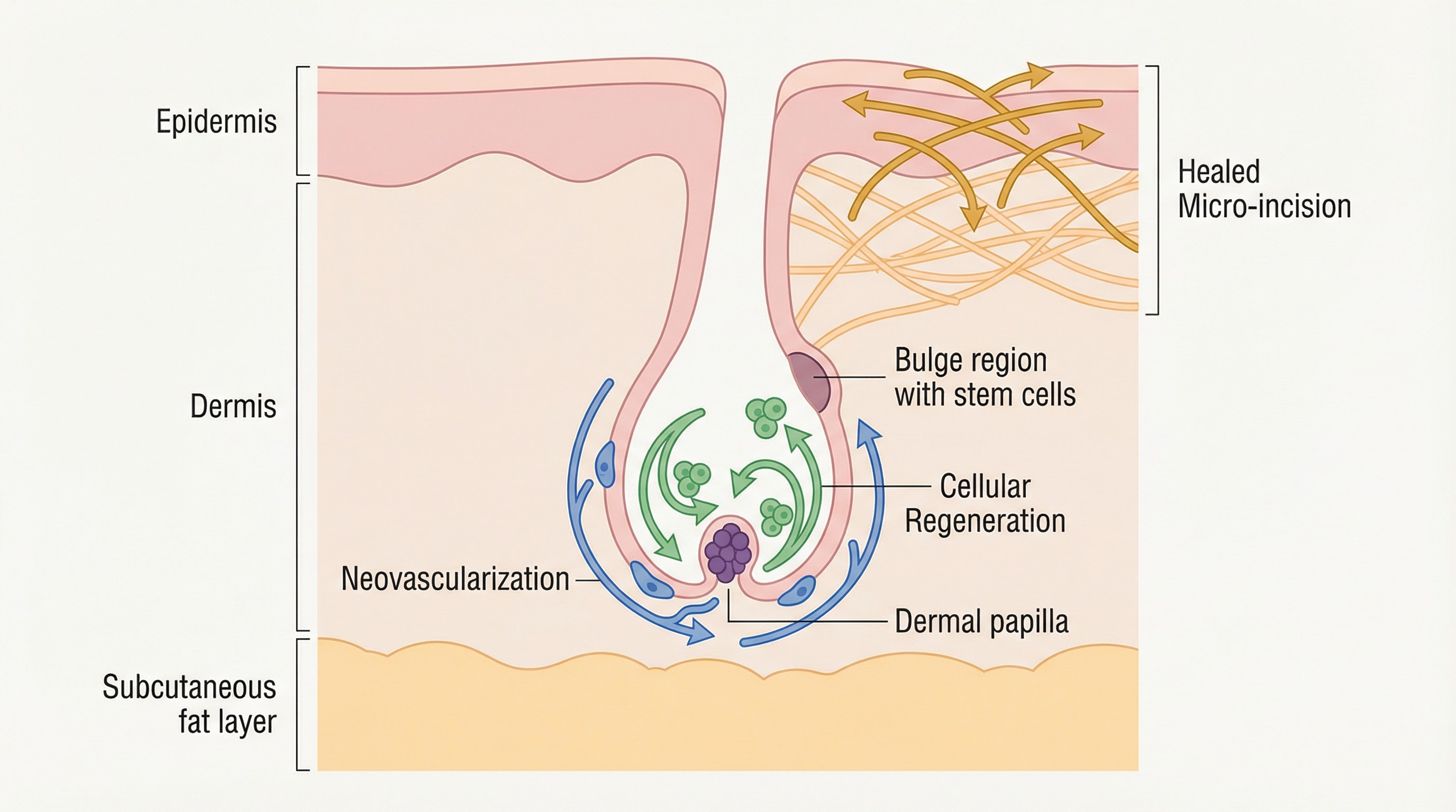 Phase Télogène à 2 Mois Post-Greffe — Follicule Dormant avec Bulbe Vivant | Renaissance Clinique Schéma médical du follicule capillaire à 2 mois post-greffe : phase télogène avec bulbe vivant, néovascularisation, régénération cellulaire et stabilisation du collagène sous la peau