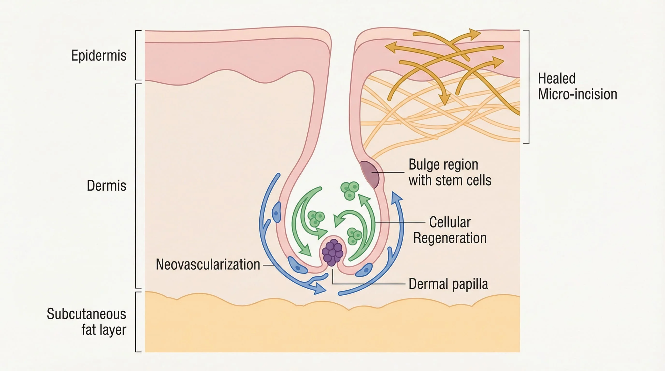 Phase Télogène à 2 Mois Post-Greffe — Follicule Dormant avec Bulbe Vivant | Renaissance Clinique Schéma médical du follicule capillaire à 2 mois post-greffe : phase télogène avec bulbe vivant, néovascularisation, régénération cellulaire et stabilisation du collagène sous la peau