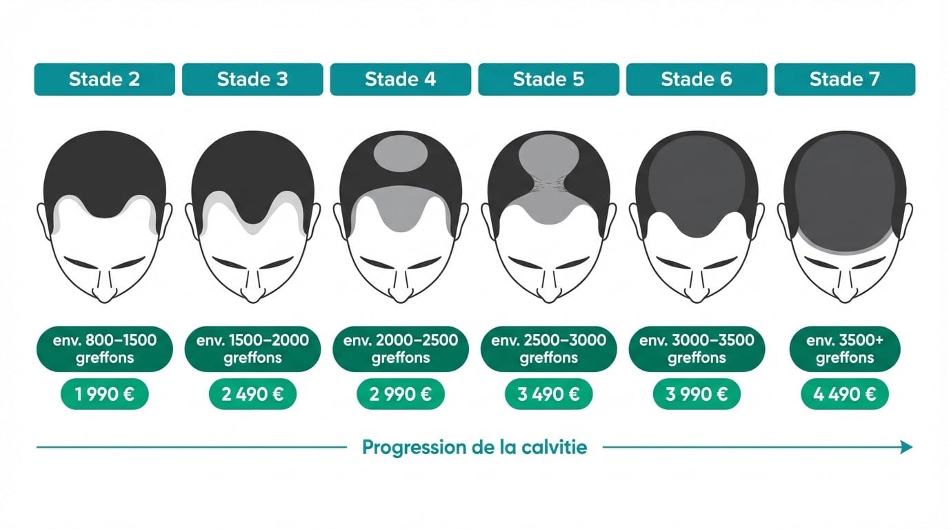 Prix greffe de cheveux par stade Norwood : de 1 990 € à 3 490 € Échelle Norwood stades 1 à 7 avec prix greffe de cheveux correspondants Istanbul 2026