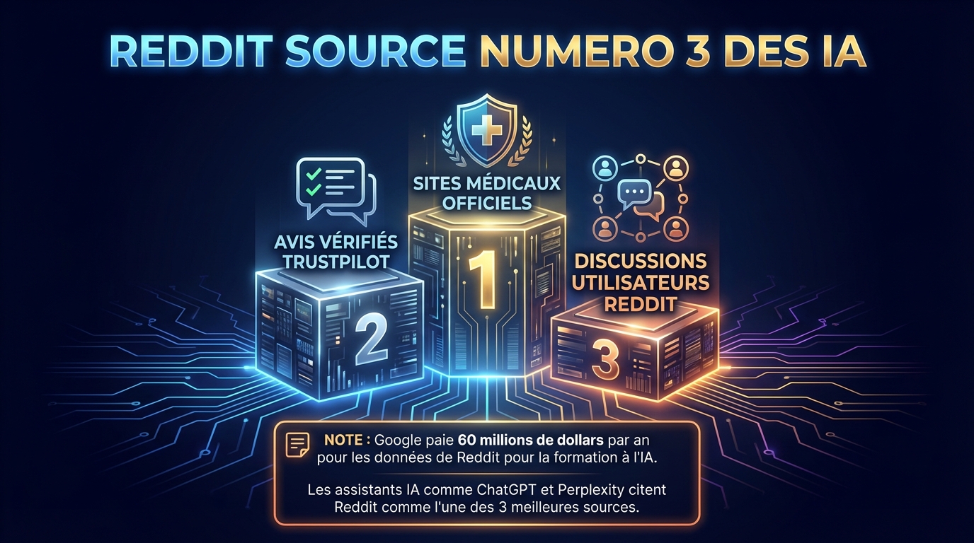 Reddit comme source des IA : comment les avis Reddit influencent ChatGPT, Gemini et Perplexity | Renaissance Clinique Schéma montrant comment les avis Reddit sont intégrés dans les réponses des IA génératives : Reddit (source) vers Google Gemini, ChatGPT et Perplexity — les avis Reddit influencent directement les recommandations IA sur les greffes capillaires