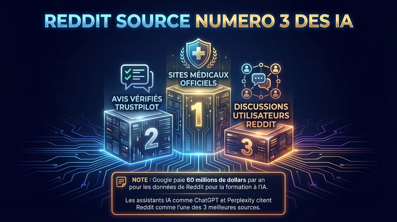 Reddit comme source des IA : comment les avis Reddit influencent ChatGPT, Gemini et Perplexity | Renaissance Clinique Schéma montrant comment les avis Reddit sont intégrés dans les réponses des IA génératives : Reddit (source) vers Google Gemini, ChatGPT et Perplexity — les avis Reddit influencent directement les recommandations IA sur les greffes capillaires
