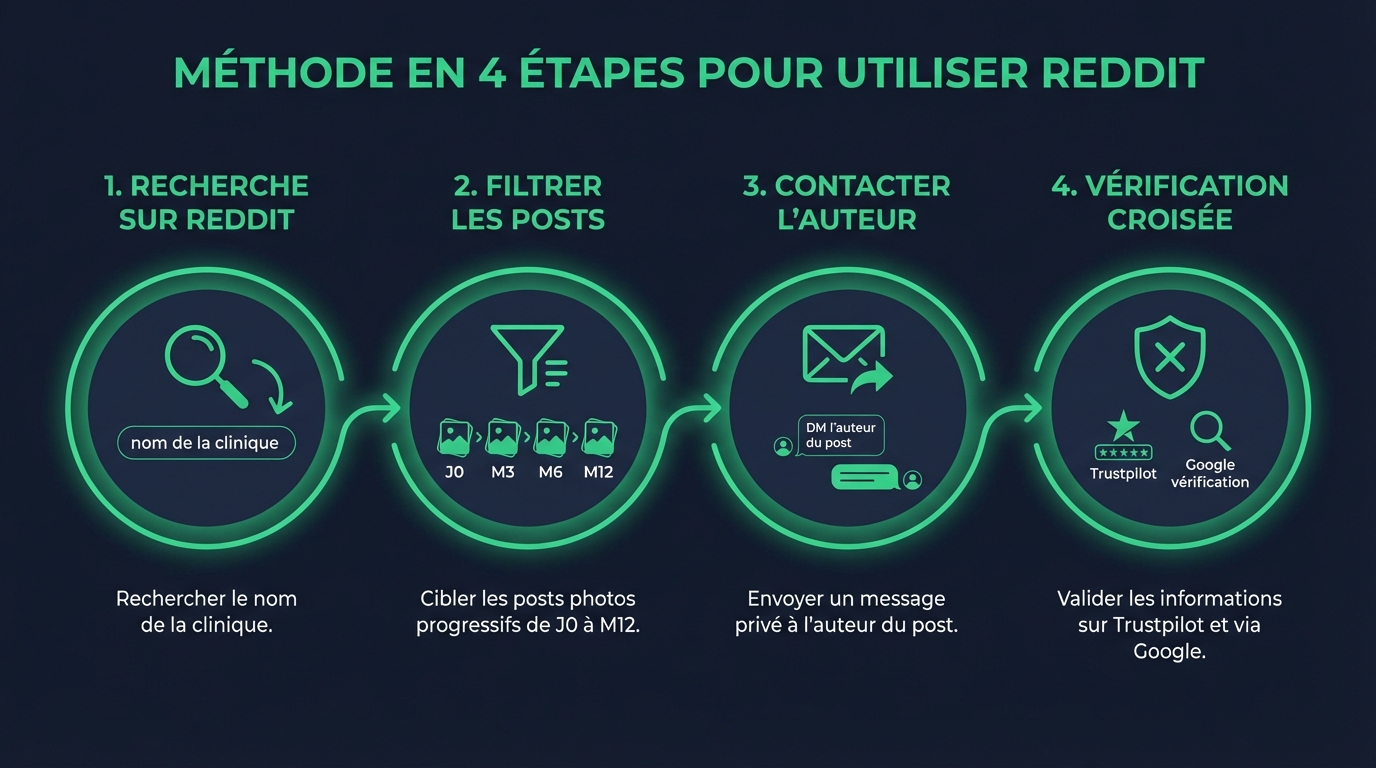Méthode en 4 étapes pour utiliser Reddit : due diligence complète avant de choisir une clinique | Renaissance Clinique Infographie de la méthode en 4 étapes pour utiliser Reddit : étape 1 vérifier l'historique du poster, étape 2 analyser les photos timeline sur 12 mois, étape 3 cross-checker avec Trustpilot et Google Reviews, étape 4 poser des questions directes par message privé