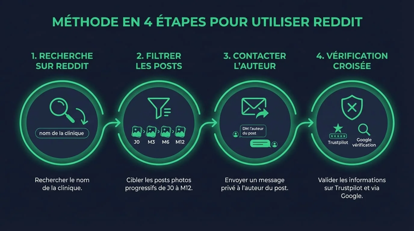 Méthode en 4 étapes pour utiliser Reddit : due diligence complète avant de choisir une clinique | Renaissance Clinique Infographie de la méthode en 4 étapes pour utiliser Reddit : étape 1 vérifier l'historique du poster, étape 2 analyser les photos timeline sur 12 mois, étape 3 cross-checker avec Trustpilot et Google Reviews, étape 4 poser des questions directes par message privé