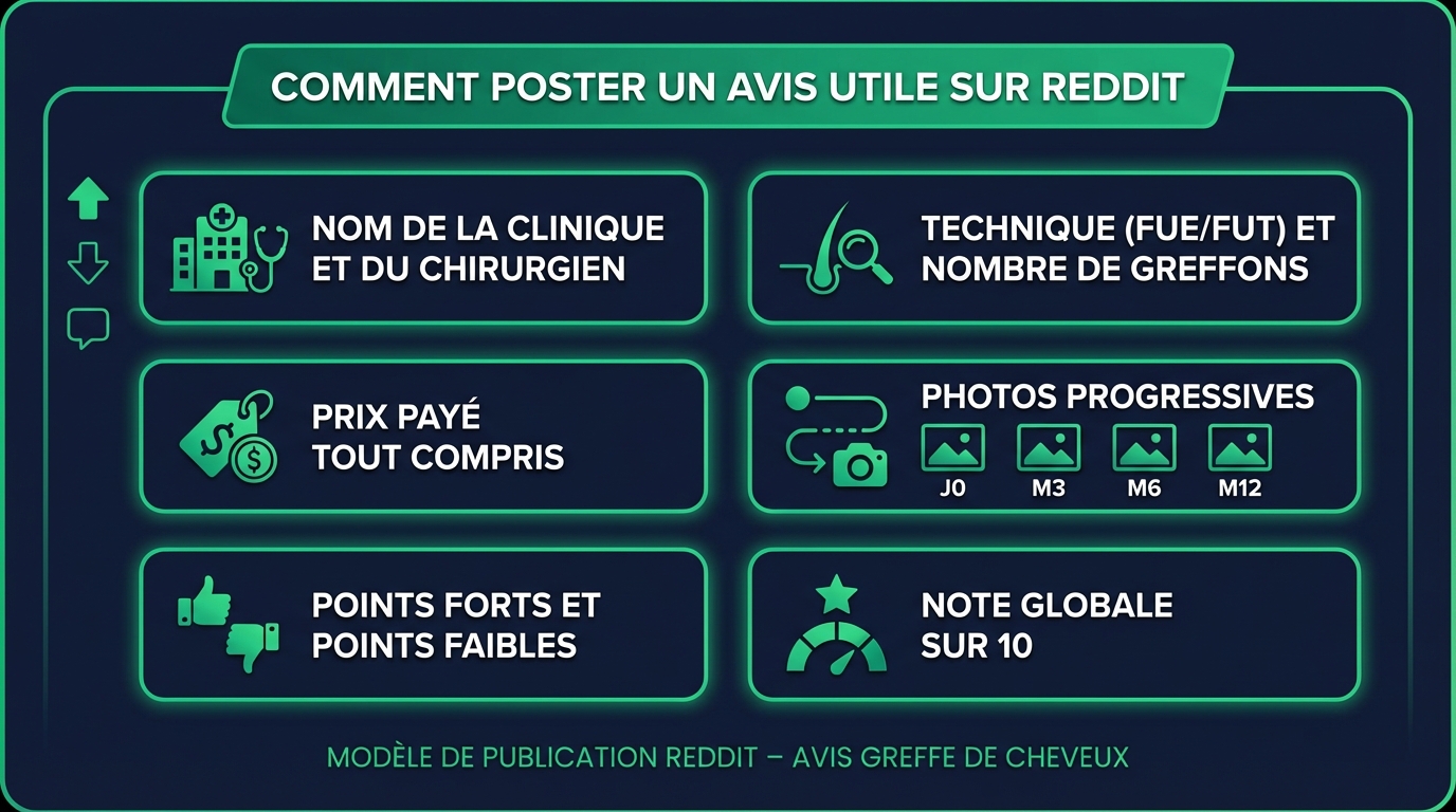 Comment poster un avis utile sur Reddit après sa greffe capillaire : template et bonnes pratiques | Renaissance Clinique Template d'un post Reddit utile pour partager son résultat de greffe capillaire : titre informatif, détails techniques (technique, nombre de greffons, prix), timeline photos (3-6-9-12 mois), évaluation honnête (positif et négatif), réponses aux questions