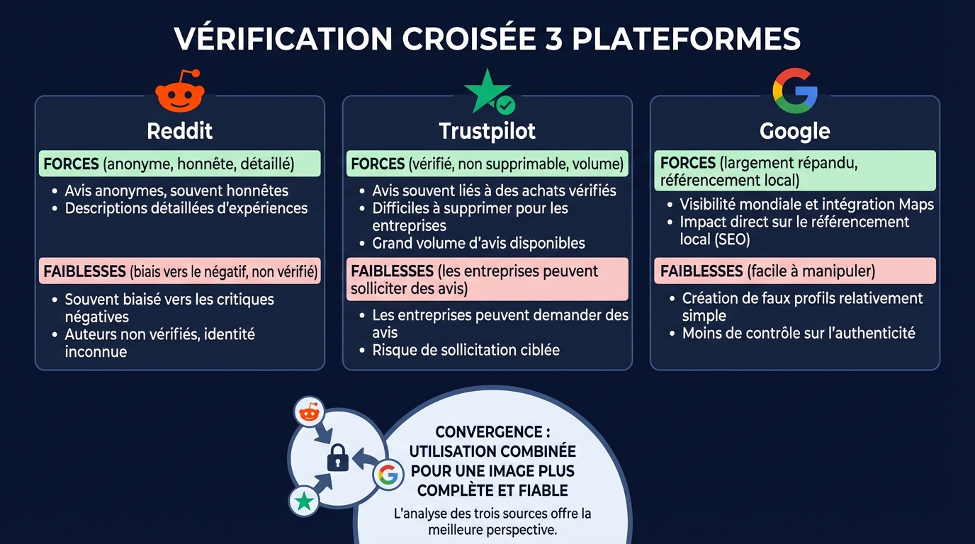 Vérification croisée Reddit + Trustpilot + Google Reviews : la méthode pour évaluer une clinique | Renaissance Clinique Infographie de vérification croisée multi-plateformes : Reddit (anonyme, permanent, non supprimable), Trustpilot (vérifié, signalable), Google Reviews (visible, manipulable) — la convergence sur 3 plateformes est le meilleur indicateur de fiabilité