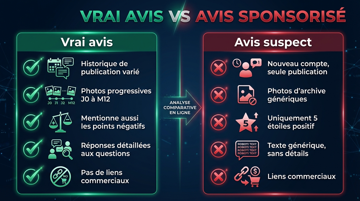 Comment distinguer un vrai avis Reddit d'un post sponsorisé : 8 signaux d'alerte | Renaissance Clinique Infographie comparative : vrai avis Reddit (historique varié, timeline 12 mois, réponses aux questions, mentions positives ET négatives) vs faux avis sponsorisé (compte récent, un seul post, langage marketing, que des louanges)