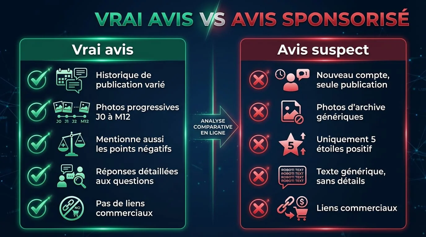 Comment distinguer un vrai avis Reddit d'un post sponsorisé : 8 signaux d'alerte | Renaissance Clinique Infographie comparative : vrai avis Reddit (historique varié, timeline 12 mois, réponses aux questions, mentions positives ET négatives) vs faux avis sponsorisé (compte récent, un seul post, langage marketing, que des louanges)