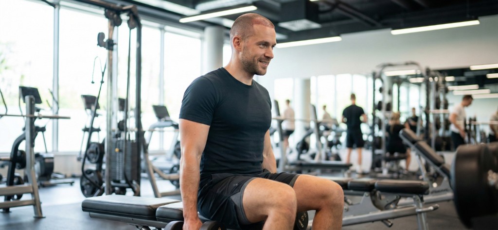 Homme sportif en salle de musculation reprenant l'entraînement léger 3 semaines après une greffe de cheveux : cicatrisation visible sur le cuir chevelu, charges légères, environnement professionnel de gym moderne