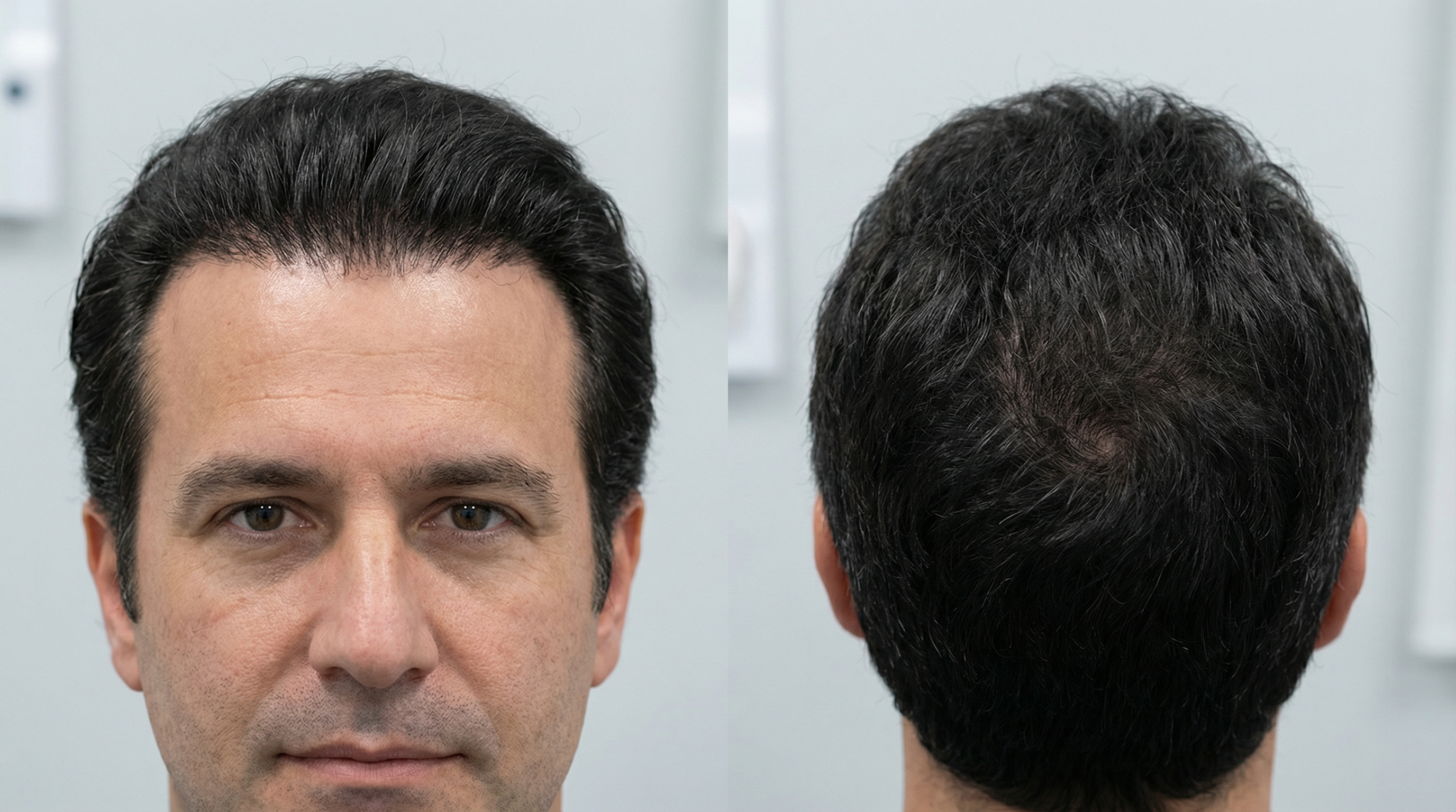 Résultat de greffe de cheveux à 1 an par zone : ligne frontale naturelle avec 90-98 % de densité, vertex couvert et golfes temporaux redessinés