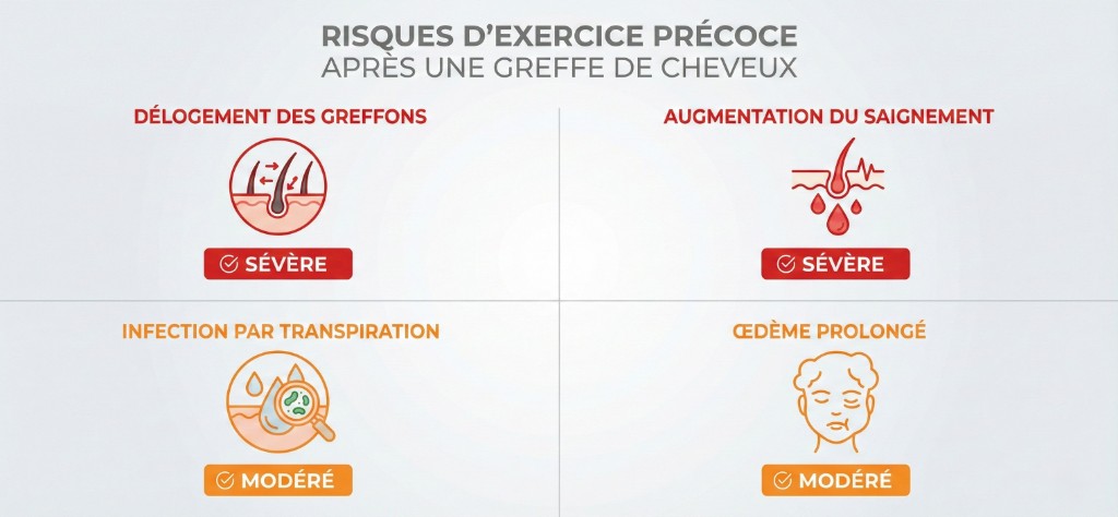 Infographie des 4 risques d'exercice précoce après greffe de cheveux : délogement des greffons (sévère), augmentation du saignement (sévère), infection par transpiration (modéré), œdème prolongé (modéré) — chaque risque illustré avec icône et niveau de gravité