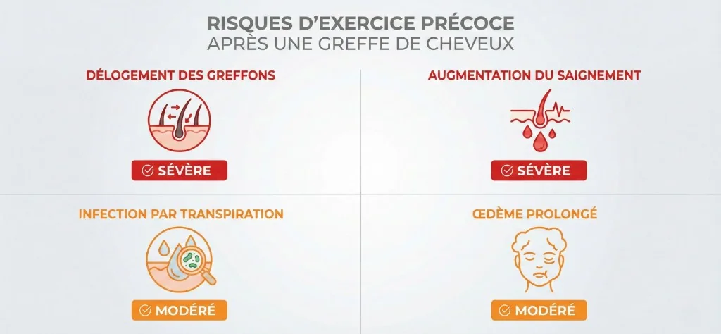 Infographie des 4 risques d'exercice précoce après greffe de cheveux : délogement des greffons (sévère), augmentation du saignement (sévère), infection par transpiration (modéré), œdème prolongé (modéré) — chaque risque illustré avec icône et niveau de gravité