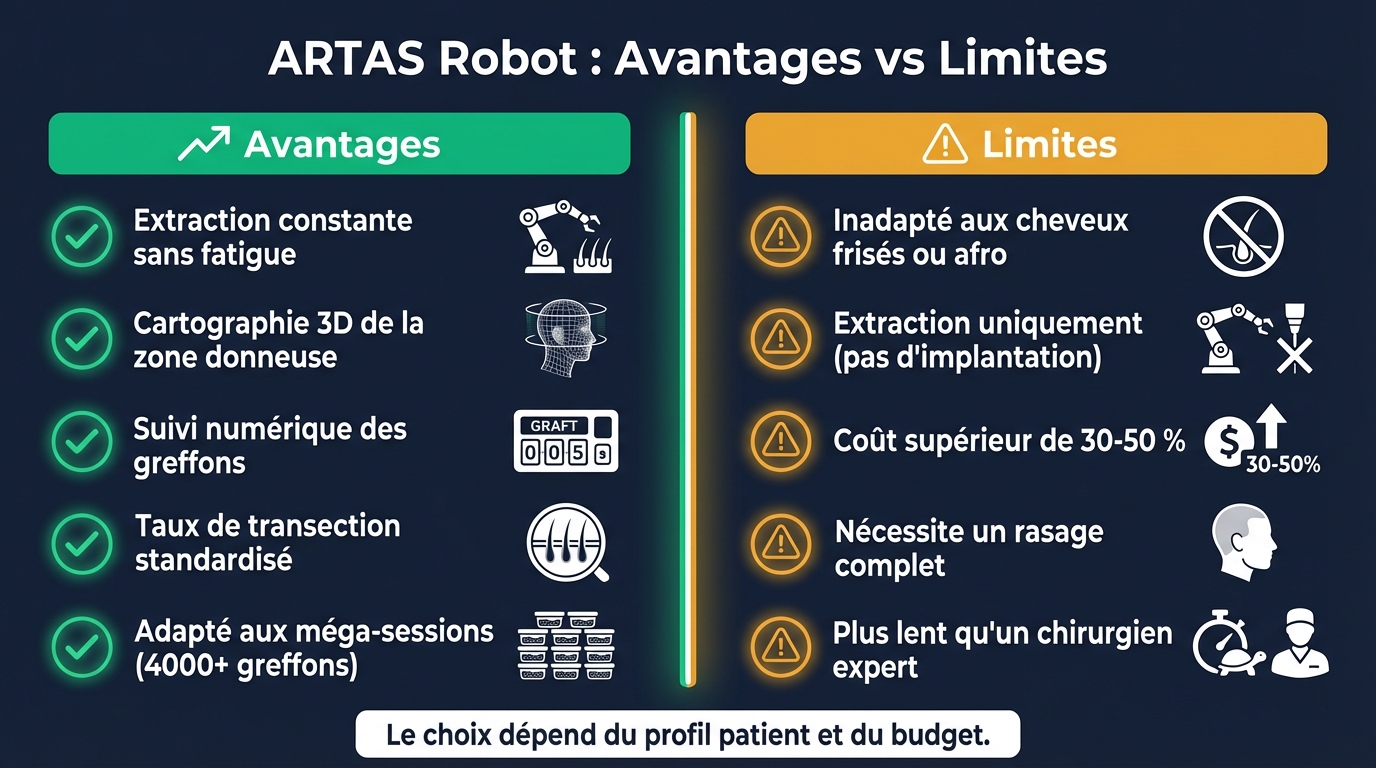 Robot ARTAS : avantages (régularité, traçabilité) et limites (cheveux bouclés, rasage, coût) | Renaissance Clinique Infographie avantages et limites du robot ARTAS : colonne gauche (avantages) — régularité, pas de fatigue, traçabilité numérique, cartographie 3D ; colonne droite (limites) — pas de cheveux bouclés, rasage obligatoire, extraction seule, plus lent, plus cher