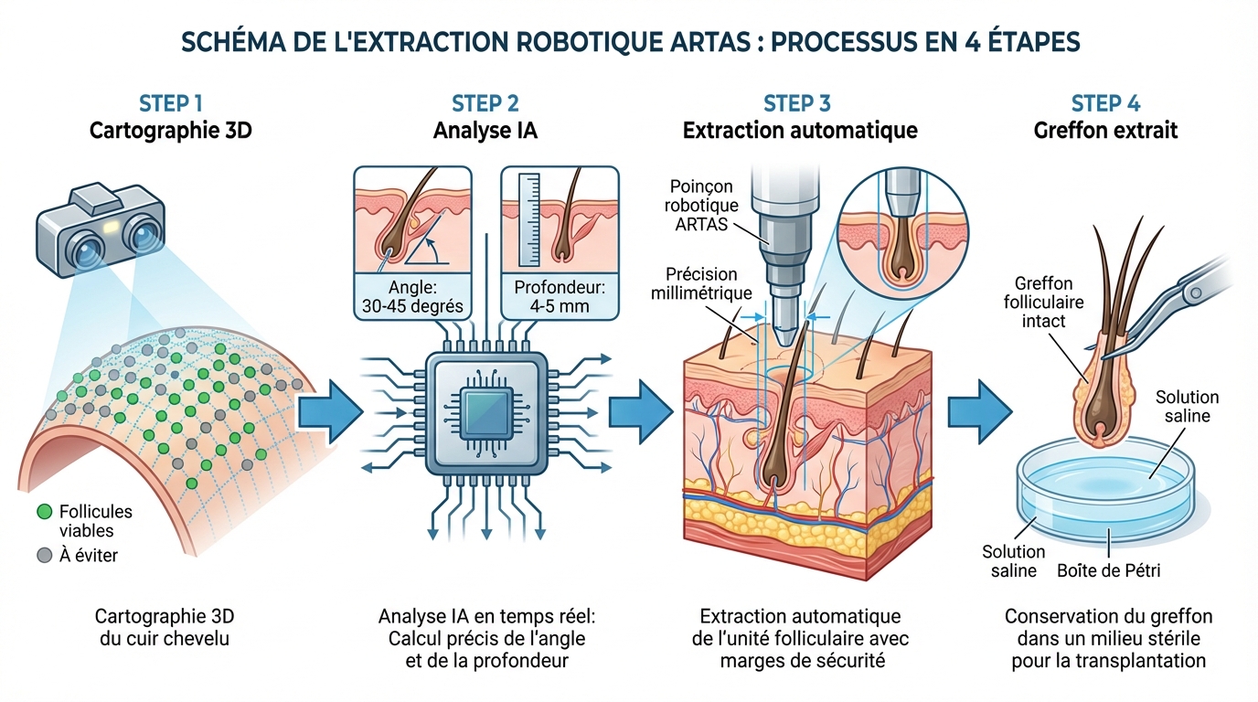 Fonctionnement du robot ARTAS : caméras stéréoscopiques, cartographie 3D par IA et extraction automatisée par punch robotique | Renaissance Clinique Diagramme médical du fonctionnement du robot ARTAS : étape 1 caméras stéréoscopiques capturant l'image du cuir chevelu, étape 2 intelligence artificielle analysant l'angle et la direction de chaque follicule, étape 3 bras robotique exécutant l'extraction avec un punch rotatif — système d'extraction FUE automatisée