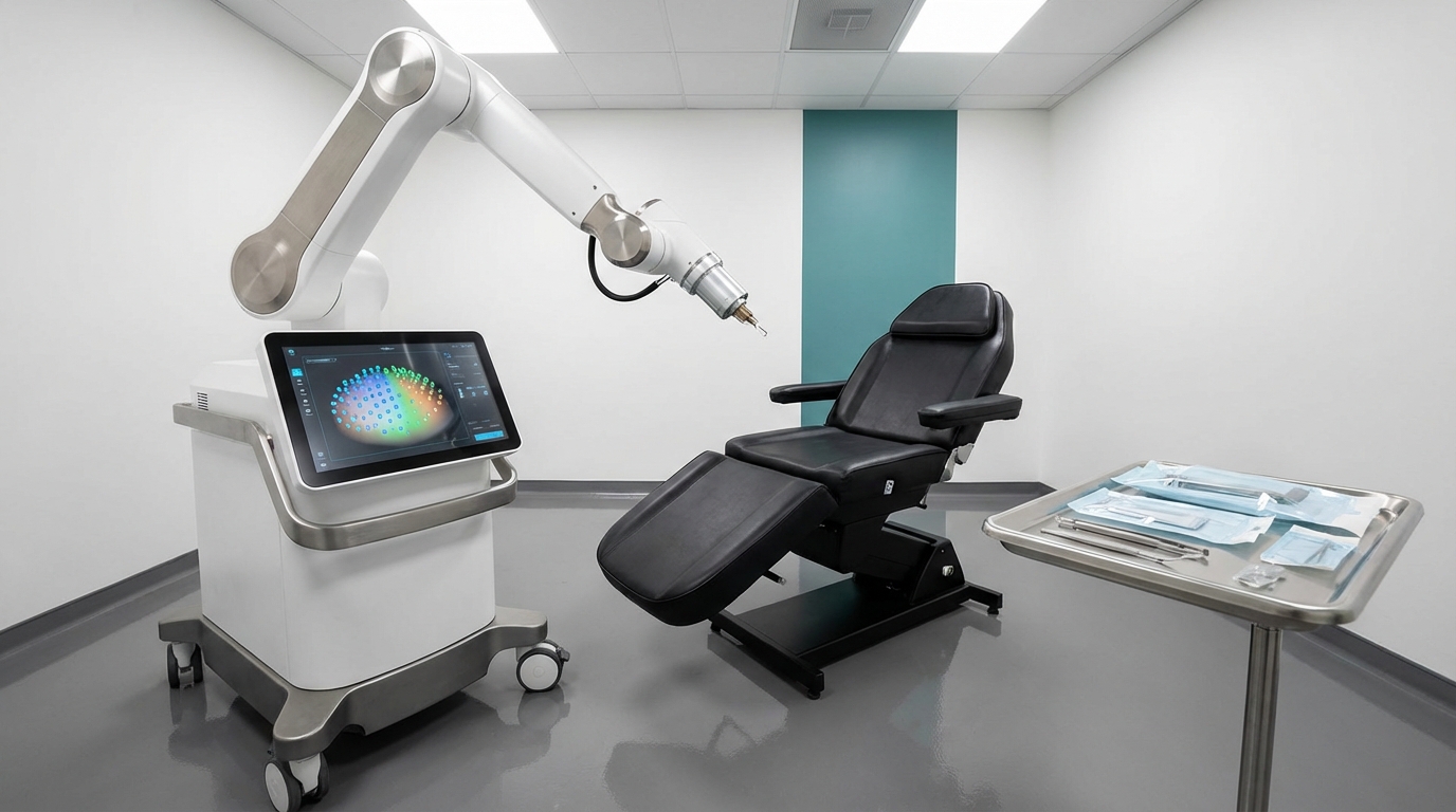 Robot ARTAS de Restoration Robotics (Venus Concept) : système robotique d'extraction FUE pour greffe de cheveux | Renaissance Clinique Bras robotique ARTAS dans une salle de chirurgie capillaire vide : système de caméras stéréoscopiques, bras articulé avec punch d'extraction, écran de contrôle affichant la cartographie 3D du cuir chevelu — technologie d'extraction automatisée FUE pour greffe de cheveux