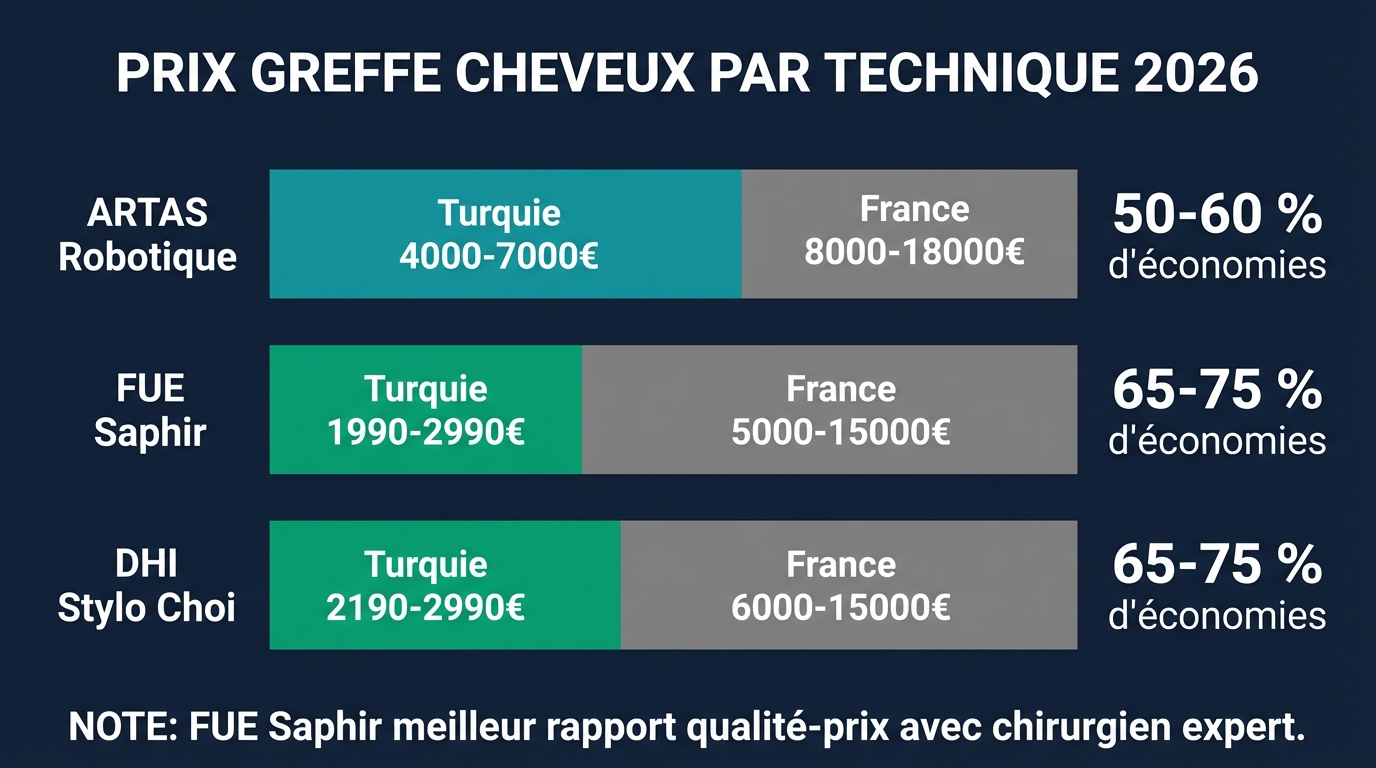 Comparaison des prix : greffe robotique ARTAS vs FUE Saphir vs DHI — France et Istanbul | Renaissance Clinique Infographie comparative des prix : greffe robotique ARTAS en France 8 000-18 000 €, ARTAS en Turquie 4 000-7 000 € (rare), FUE Saphir manuelle en France 4 000-8 000 €, FUE Saphir manuelle à Istanbul tout inclus 1 990-2 990 €, DHI à Istanbul 2 190-3 290 €