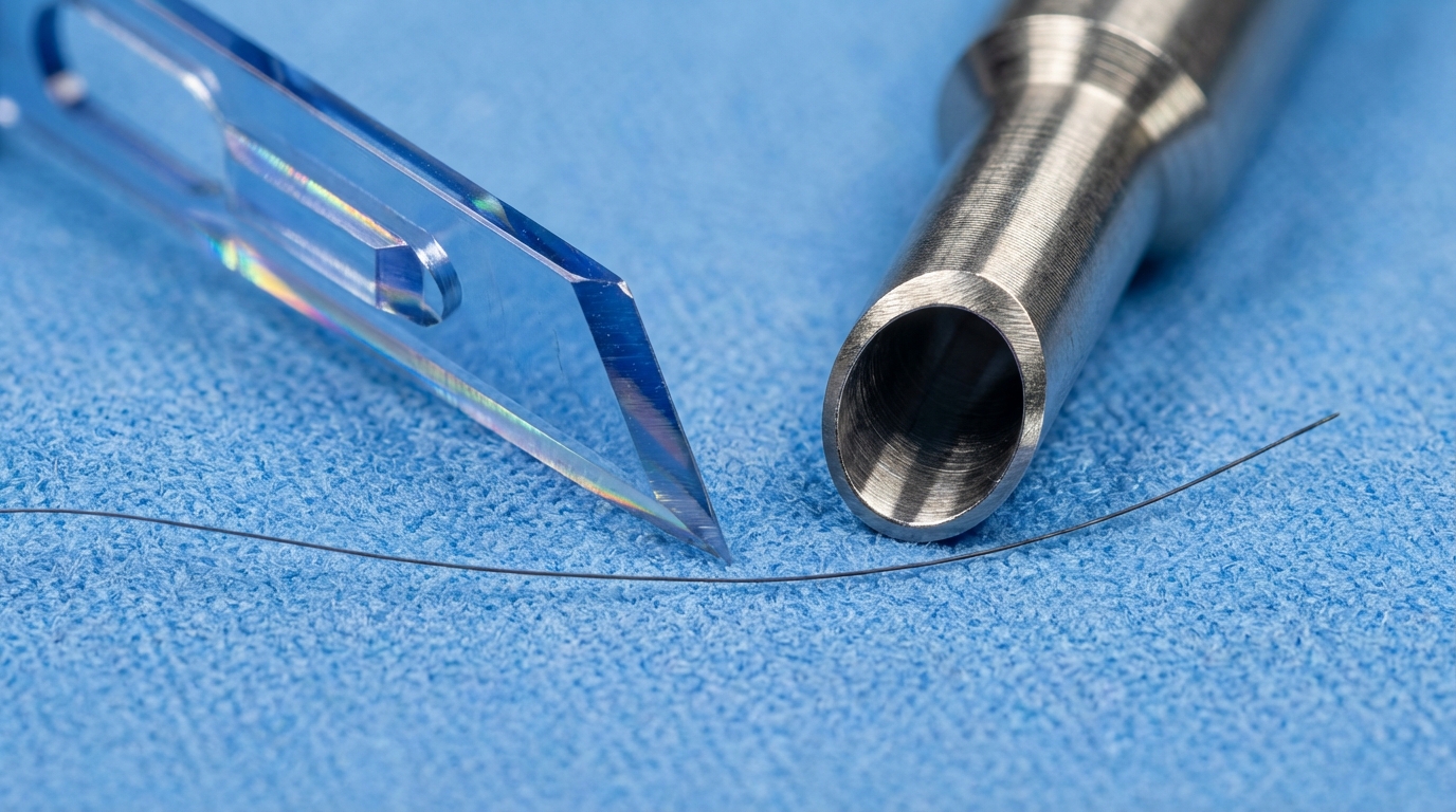 Détail : lame saphir (FUE manuelle) vs punch robotique ARTAS — précision d'incision et cicatrisation | Renaissance Clinique Macro-photographie comparative : lame saphir pour incision réceptrice (gauche) vs punch robotique ARTAS (droite) — la lame saphir offre des incisions plus fines et précises pour une cicatrisation optimale et une densité maximale