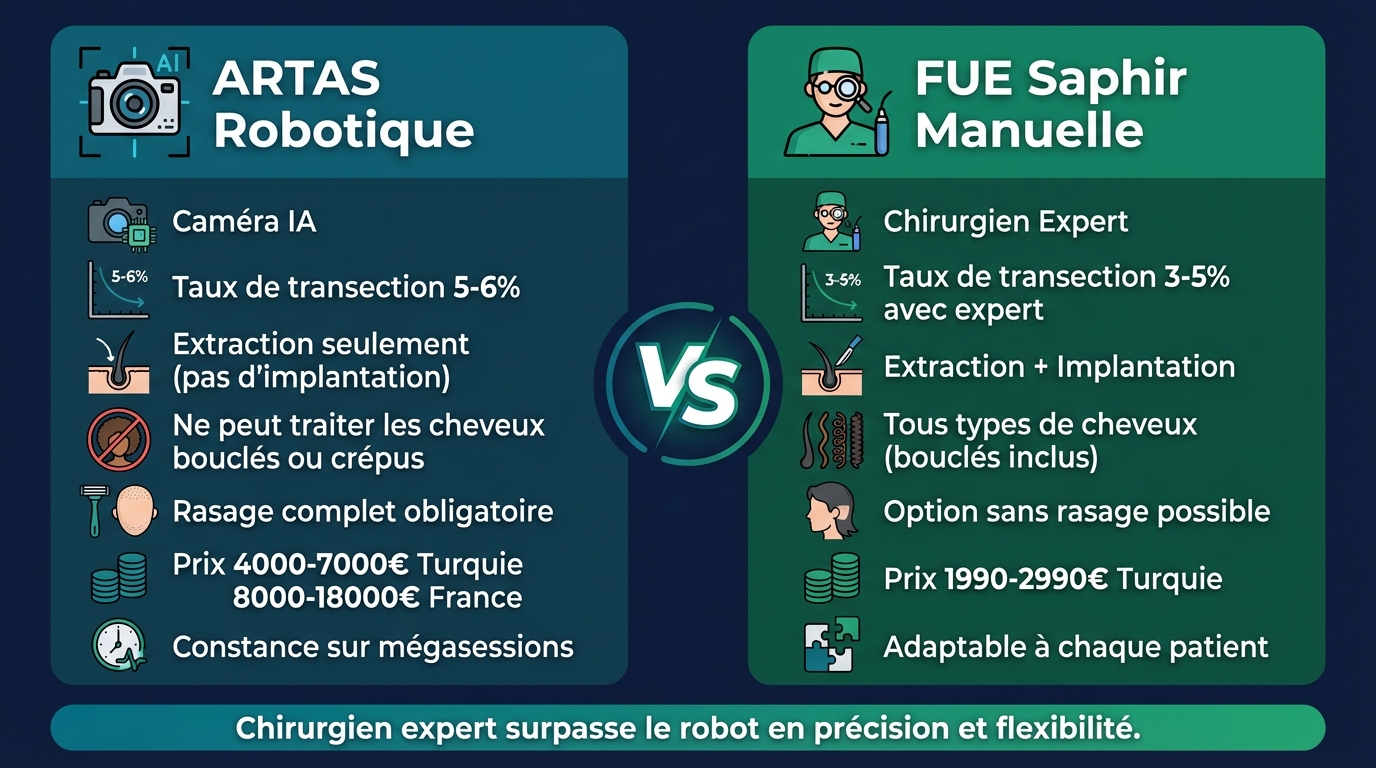 ARTAS vs FUE Saphir manuelle : comparaison objective de tous les critères cliniques et économiques | Renaissance Clinique Infographie comparative détaillée : greffe robotique ARTAS (colonne bleue) vs FUE Saphir manuelle par chirurgien expert (colonne verte) — taux de transection, vitesse d'extraction, coût, types de cheveux compatibles, possibilité sans rasage, implantation