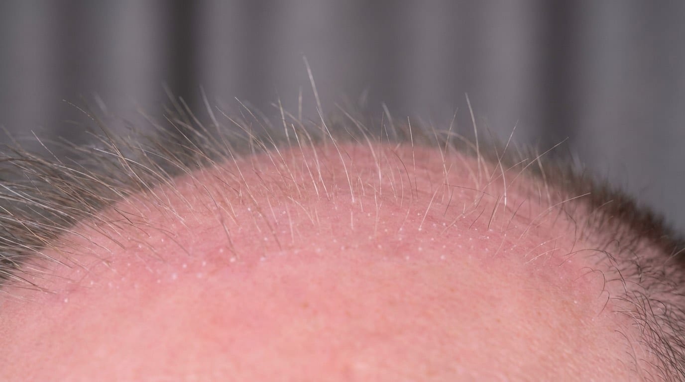 Shock Loss Après Greffe de Cheveux — La Repousse Commence à M3 | Renaissance Clinique Cuir chevelu sain à M3 après shock loss montrant de fins nouveaux cheveux émergents en gros plan macro — le bulbe est resté vivant et la repousse commence