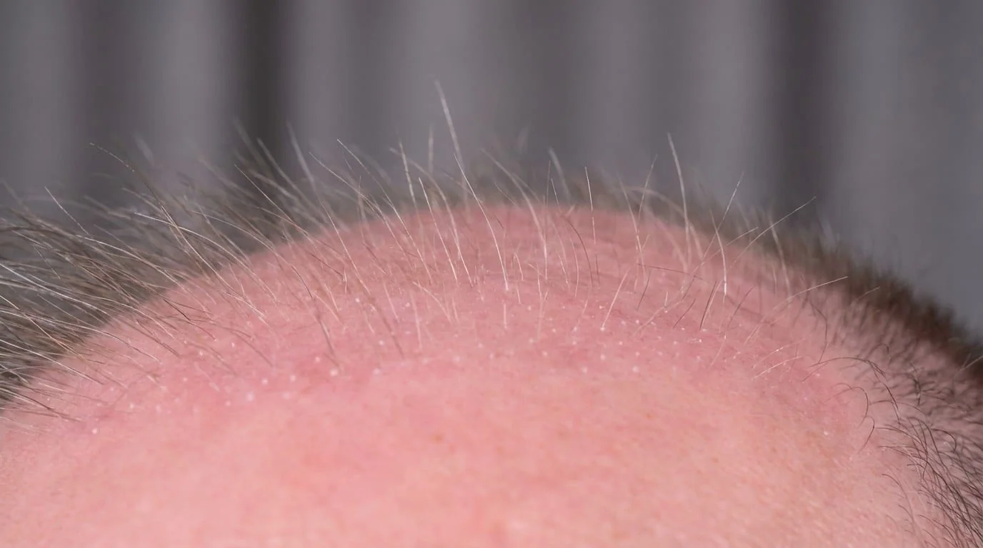 Cuir chevelu sain à M3 après shock loss montrant de fins nouveaux cheveux émergents en gros plan macro — le bulbe est resté vivant et la repousse commence
