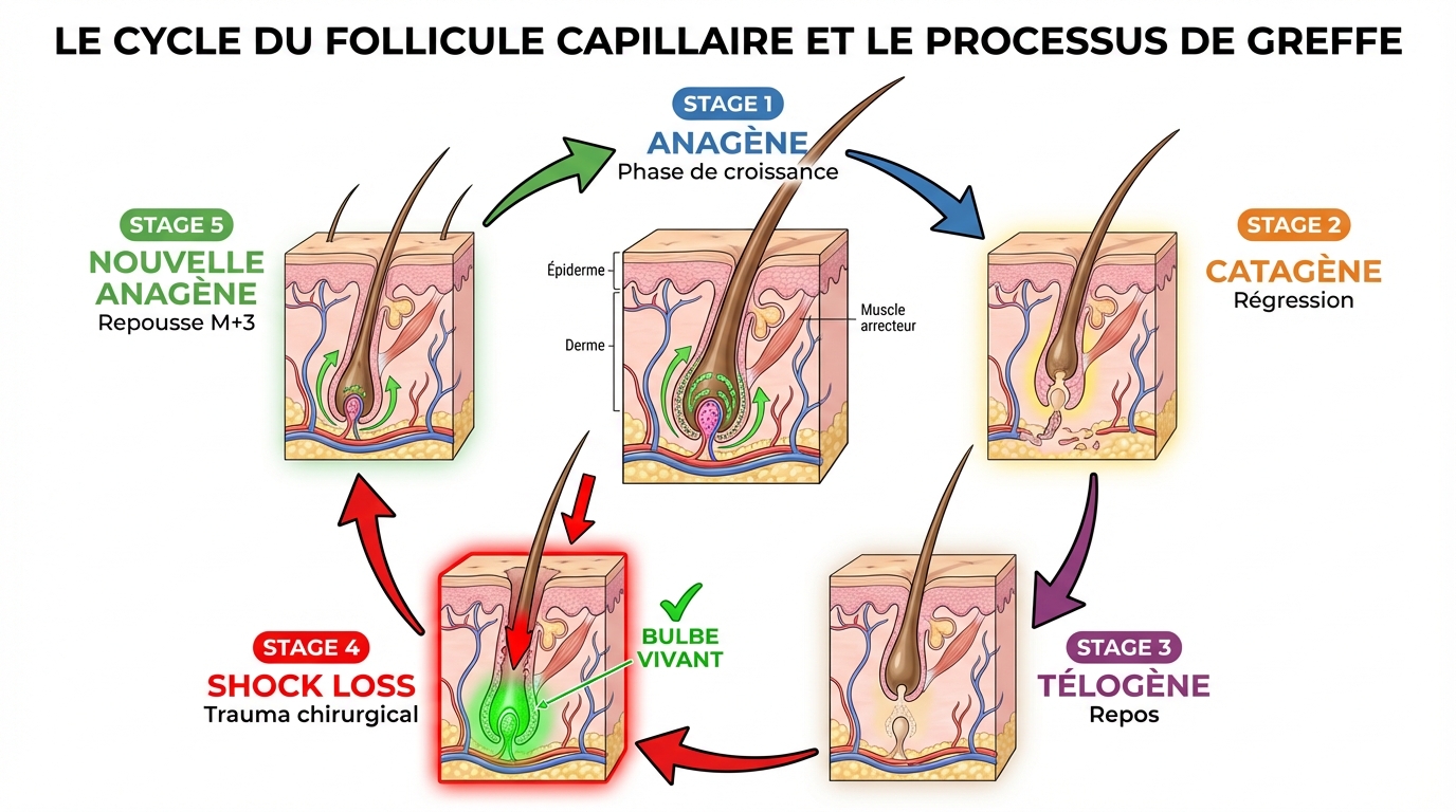 Diagramme médical du cycle folliculaire pendant le shock loss : phase anagène → catagène → télogène → choc chirurgical → nouvelle phase anagène avec bulbe vivant sous la peau
