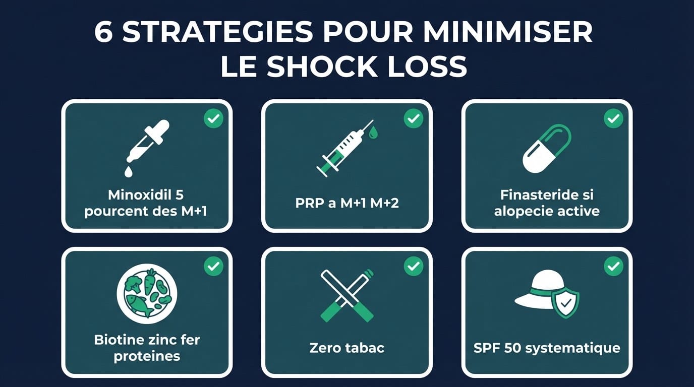 6 Stratégies pour Minimiser le Shock Loss — Protocole Post-Greffe | Renaissance Clinique Infographie des 6 stratégies pour minimiser le shock loss : minoxidil, PRP, finastéride, nutrition, arrêt tabac, protection solaire SPF 50 avec icônes et descriptions
