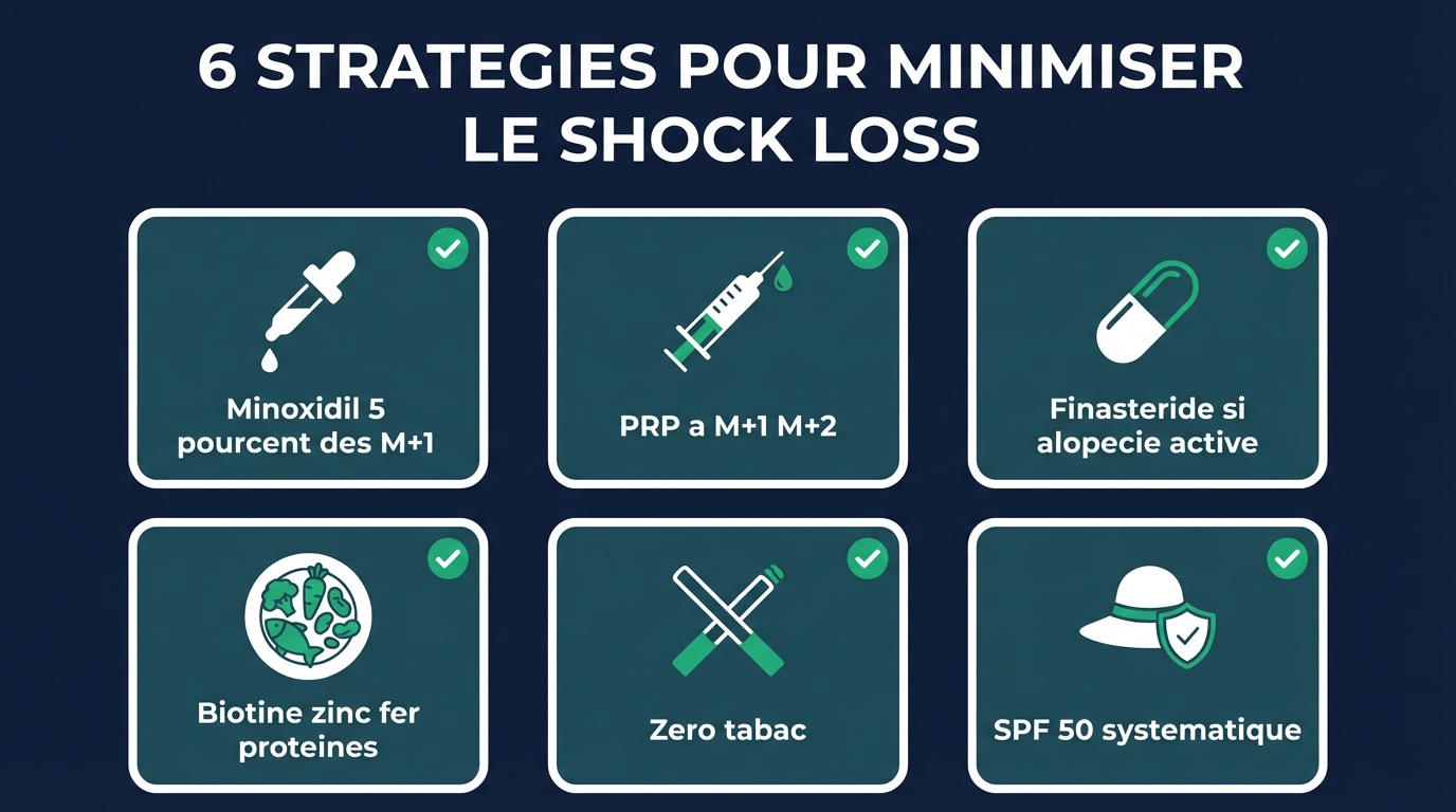 Infographie des 6 stratégies pour minimiser le shock loss : minoxidil, PRP, finastéride, nutrition, arrêt tabac, protection solaire SPF 50 avec icônes et descriptions