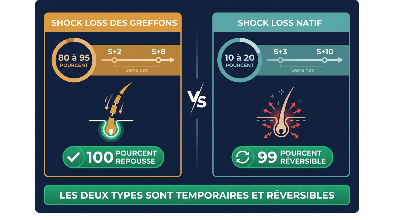 Infographie comparant le shock loss des greffons (zone receveuse, 80-95 % des patients) et le shock loss natif (cheveux autour de la zone greffée, 10-20 % des patients, 99 % réversible)