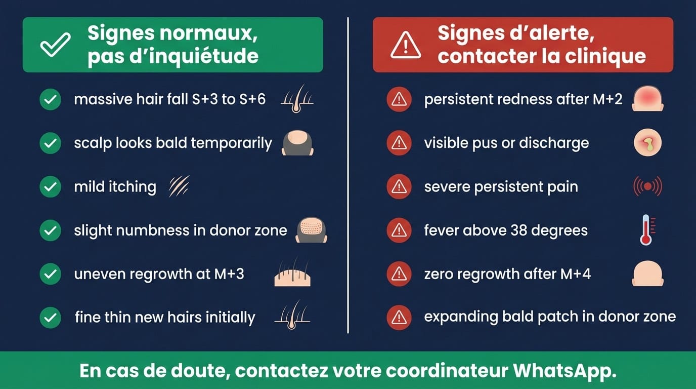 Signaux Normaux vs Signaux d'Alerte Pendant le Shock Loss | Renaissance Clinique Infographie comparant les signaux normaux du shock loss (chute, démangeaisons, rougeurs légères) et les signaux d'alerte (infection, douleur, kyste) avec code couleur vert/rouge