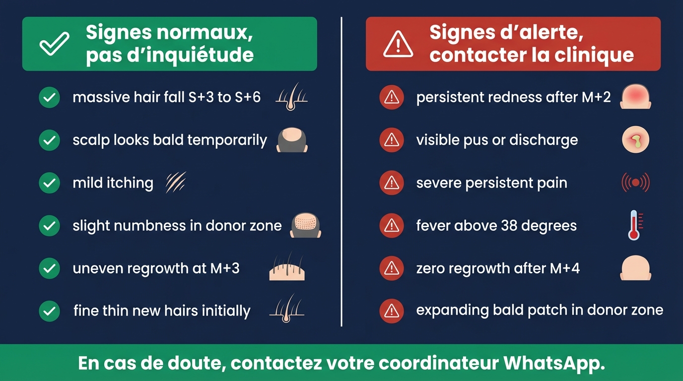 Infographie comparant les signaux normaux du shock loss (chute, démangeaisons, rougeurs légères) et les signaux d'alerte (infection, douleur, kyste) avec code couleur vert/rouge