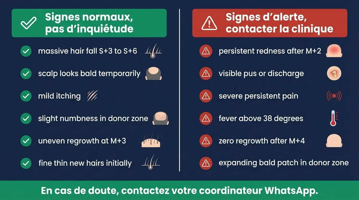 Infographie comparant les signaux normaux du shock loss (chute, démangeaisons, rougeurs légères) et les signaux d'alerte (infection, douleur, kyste) avec code couleur vert/rouge