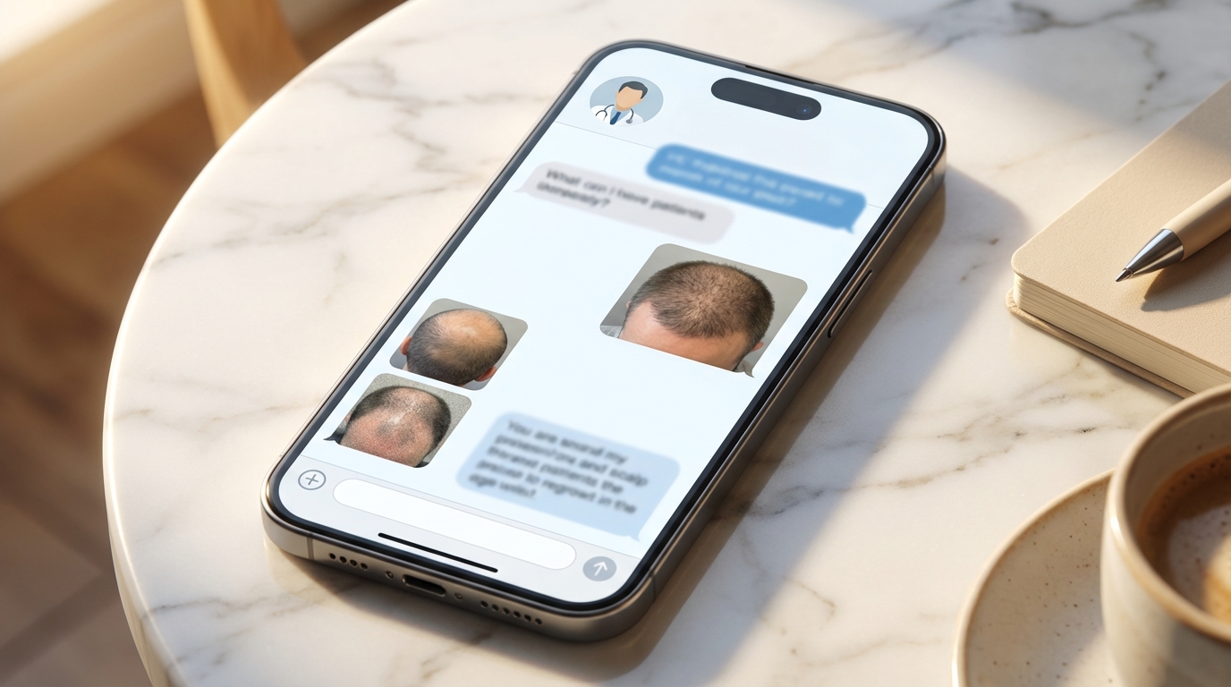 Smartphone affichant une conversation WhatsApp entre un patient et son coordinateur Renaissance Clinique, avec échange de photos du cuir chevelu pendant le shock loss et messages rassurants