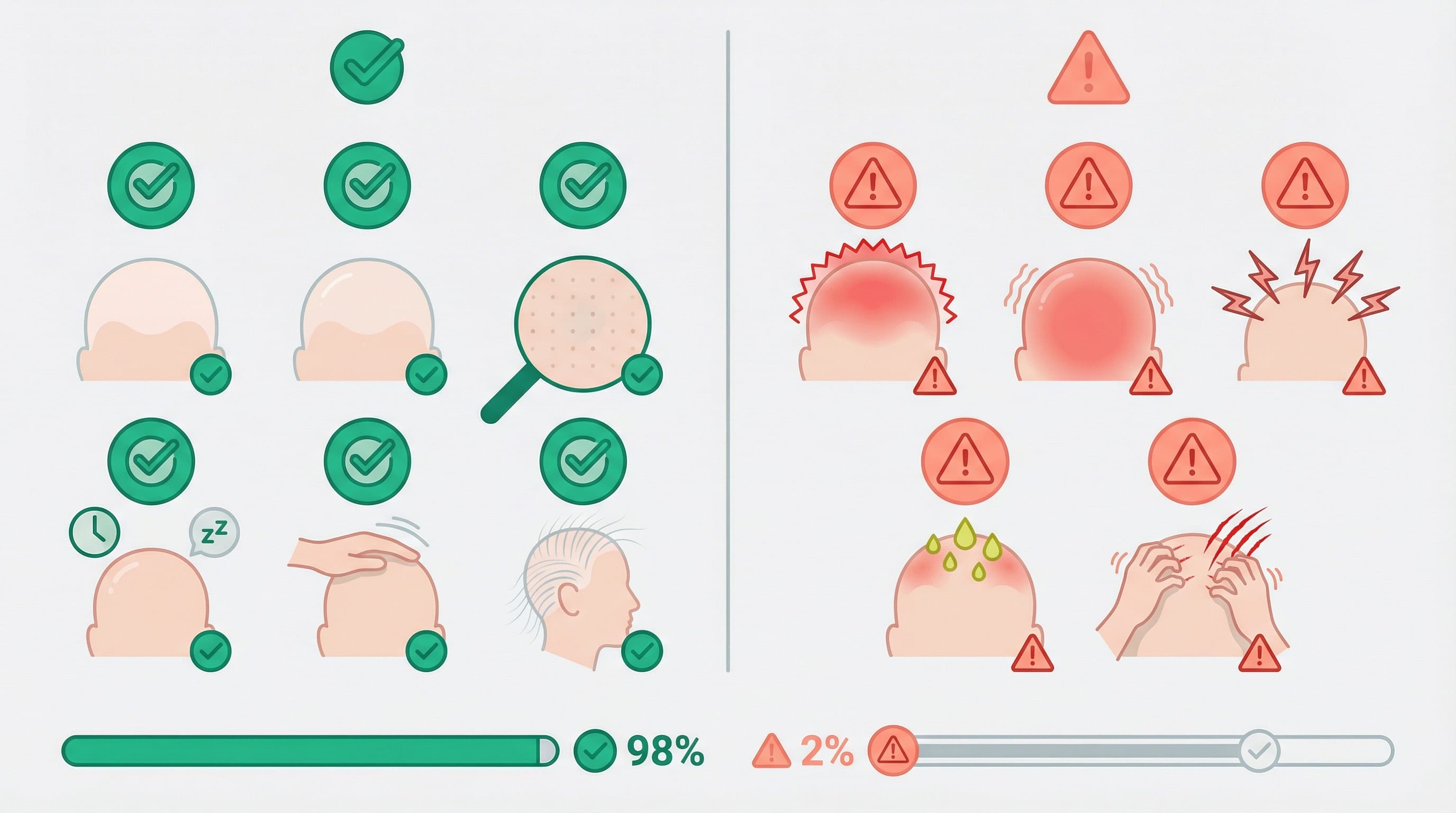 Infographie comparative des signes normaux et inquiétants à 2 mois post-greffe de cheveux : check-list verte des signes normaux (pas de cheveux visibles, cuir chevelu lisse, pas de rougeurs) et liste rouge des signes d'alerte (rougeurs persistantes, gonflement, douleur)