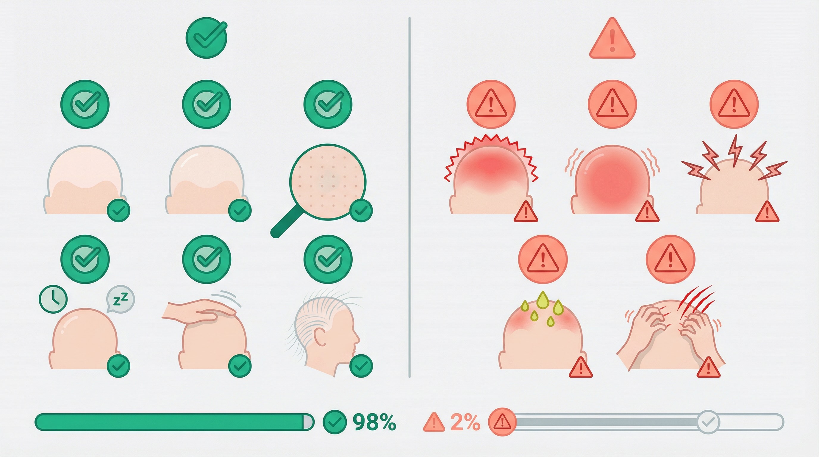 Signes Normaux vs Inquiétants à 2 Mois Post-Greffe — Guide Visuel | Renaissance Clinique Infographie comparative des signes normaux et inquiétants à 2 mois post-greffe de cheveux : check-list verte des signes normaux (pas de cheveux visibles, cuir chevelu lisse, pas de rougeurs) et liste rouge des signes d'alerte (rougeurs persistantes, gonflement, douleur)