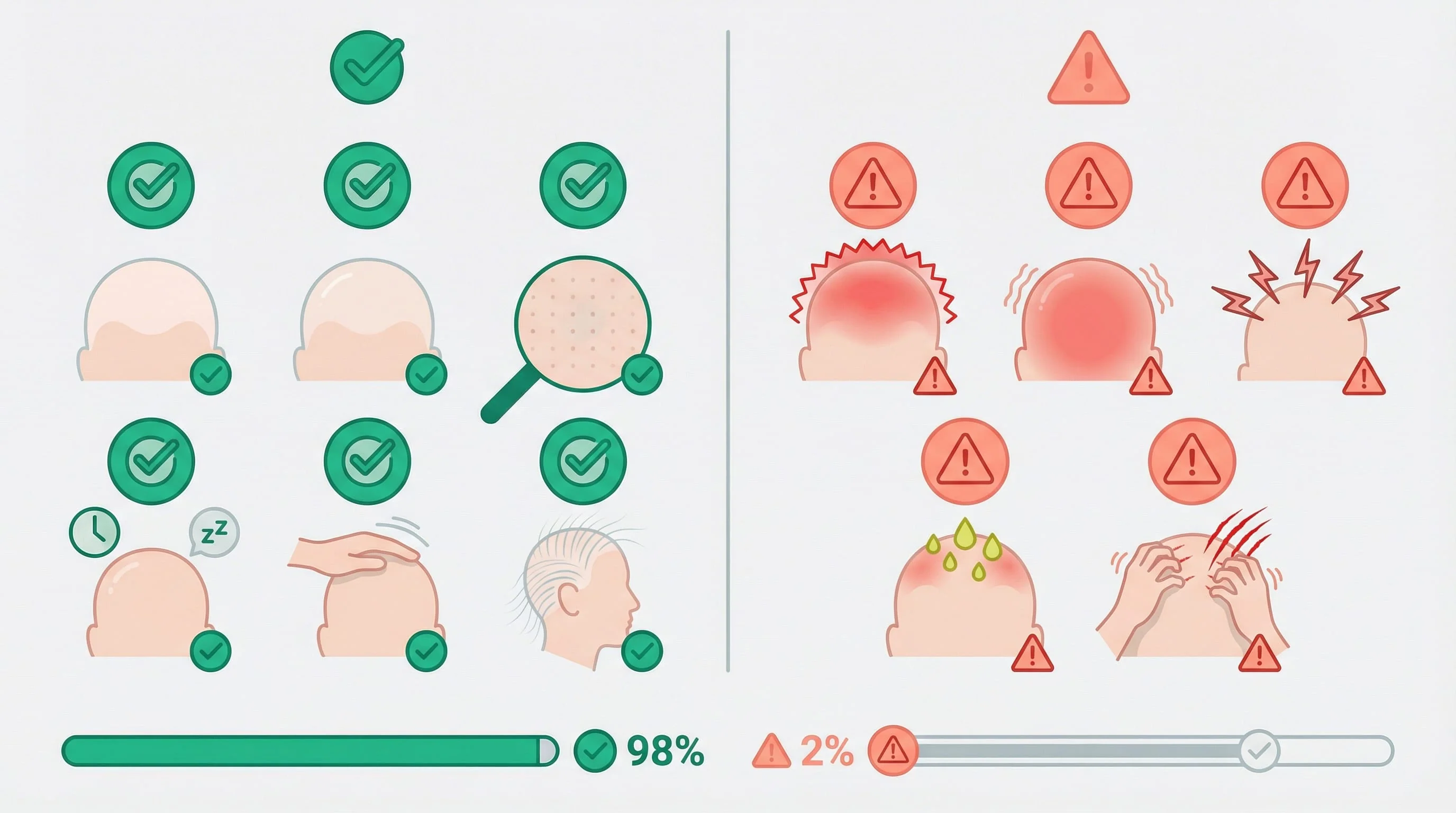 Signes Normaux vs Inquiétants à 2 Mois Post-Greffe — Guide Visuel | Renaissance Clinique Infographie comparative des signes normaux et inquiétants à 2 mois post-greffe de cheveux : check-list verte des signes normaux (pas de cheveux visibles, cuir chevelu lisse, pas de rougeurs) et liste rouge des signes d'alerte (rougeurs persistantes, gonflement, douleur)
