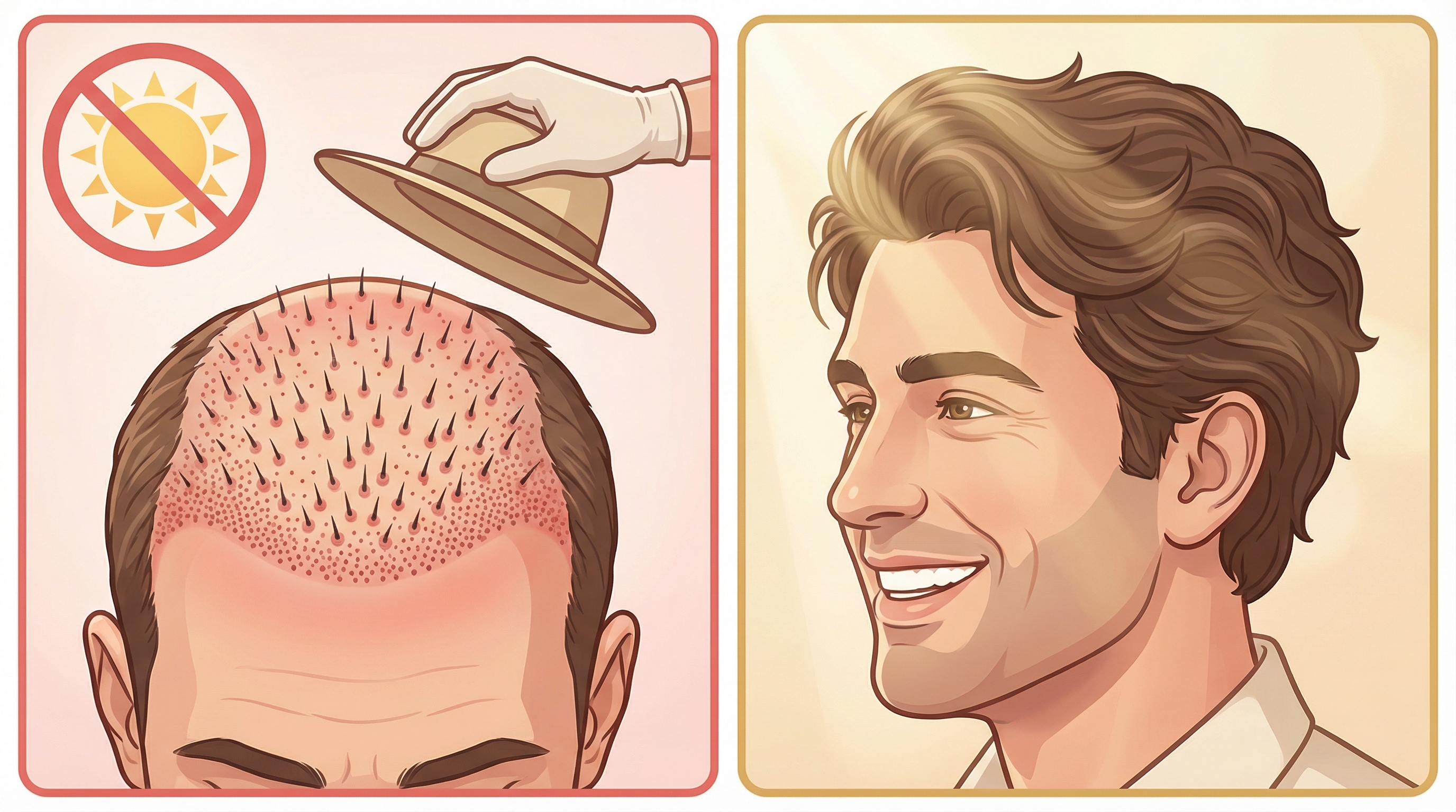 Soleil après greffe de cheveux : du protocole de protection UV strict à l'exposition normale en 6 mois | Renaissance Clinique Infographie éducative sur l'exposition solaire après greffe de cheveux : à gauche, un cuir chevelu fraîchement greffé avec des micro-incisions en cicatrisation et un signe d'interdiction solaire ; à droite, le même patient à 6 mois avec des cheveux denses et épais sous un soleil doré — illustrant la transition entre protection stricte et exposition normale