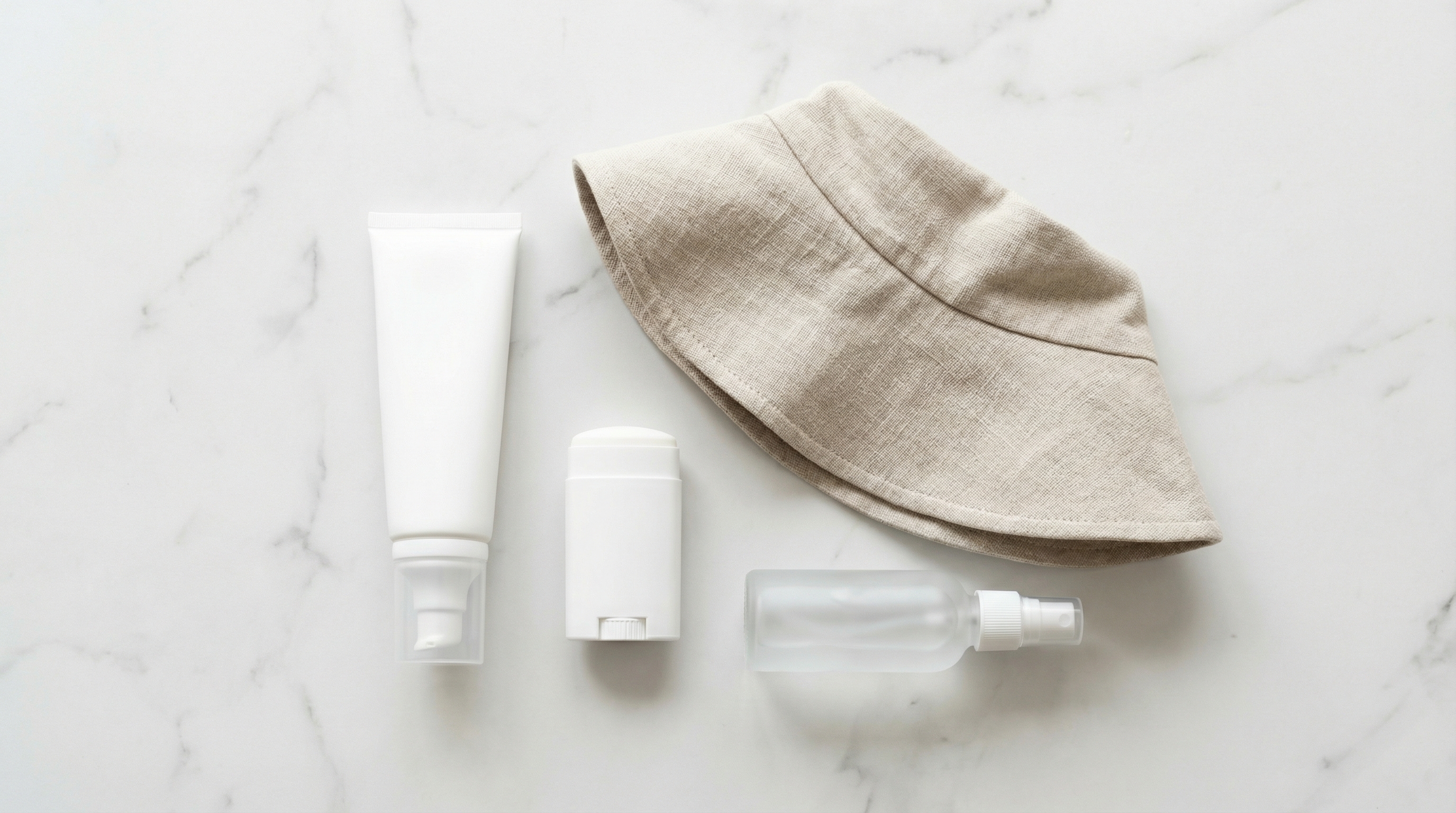 Photographie produit vue de dessus sur surface en marbre blanc des essentiels de protection solaire post-greffe capillaire : tube de crème solaire SPF 50+ à filtre minéral, stick solaire à l'oxyde de zinc, chapeau en lin à larges bords plié, et brumisateur d'eau thermale — produits de qualité pharmaceutique pour la protection UV du cuir chevelu greffé