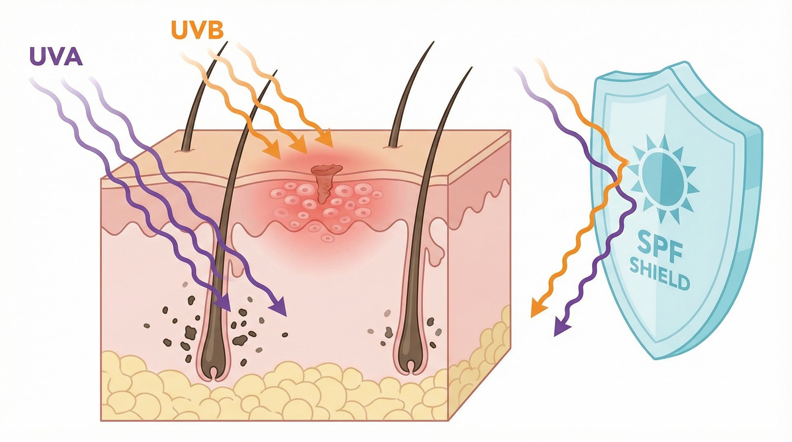 Diagramme médical éducatif montrant les dommages UV sur un cuir chevelu greffé : coupe transversale de la peau avec site de cicatrisation de micro-incision. Les rayons UVA (en violet) pénètrent profondément dans le derme provoquant la stimulation des mélanocytes et la formation de taches brunes ; les rayons UVB (en orange) causent une inflammation de surface avec rougeur. Un bouclier SPF protecteur bloquant les deux types de rayons sur le côté droit