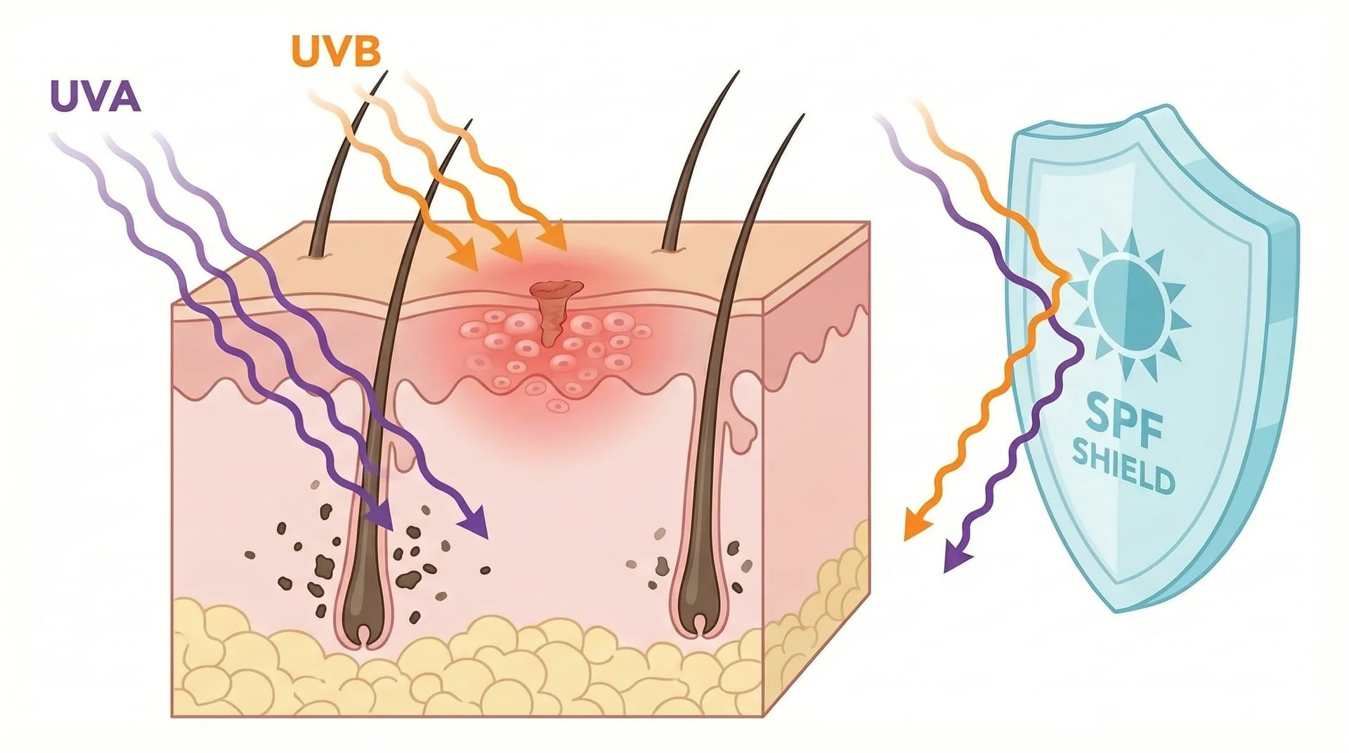 Mécanisme des dommages UV sur le cuir chevelu greffé : UVA (hyperpigmentation) et UVB (inflammation) vs protection SPF 50+ | Renaissance Clinique Diagramme médical éducatif montrant les dommages UV sur un cuir chevelu greffé : coupe transversale de la peau avec site de cicatrisation de micro-incision. Les rayons UVA (en violet) pénètrent profondément dans le derme provoquant la stimulation des mélanocytes et la formation de taches brunes ; les rayons UVB (en orange) causent une inflammation de surface avec rougeur. Un bouclier SPF protecteur bloquant les deux types de rayons sur le côté droit