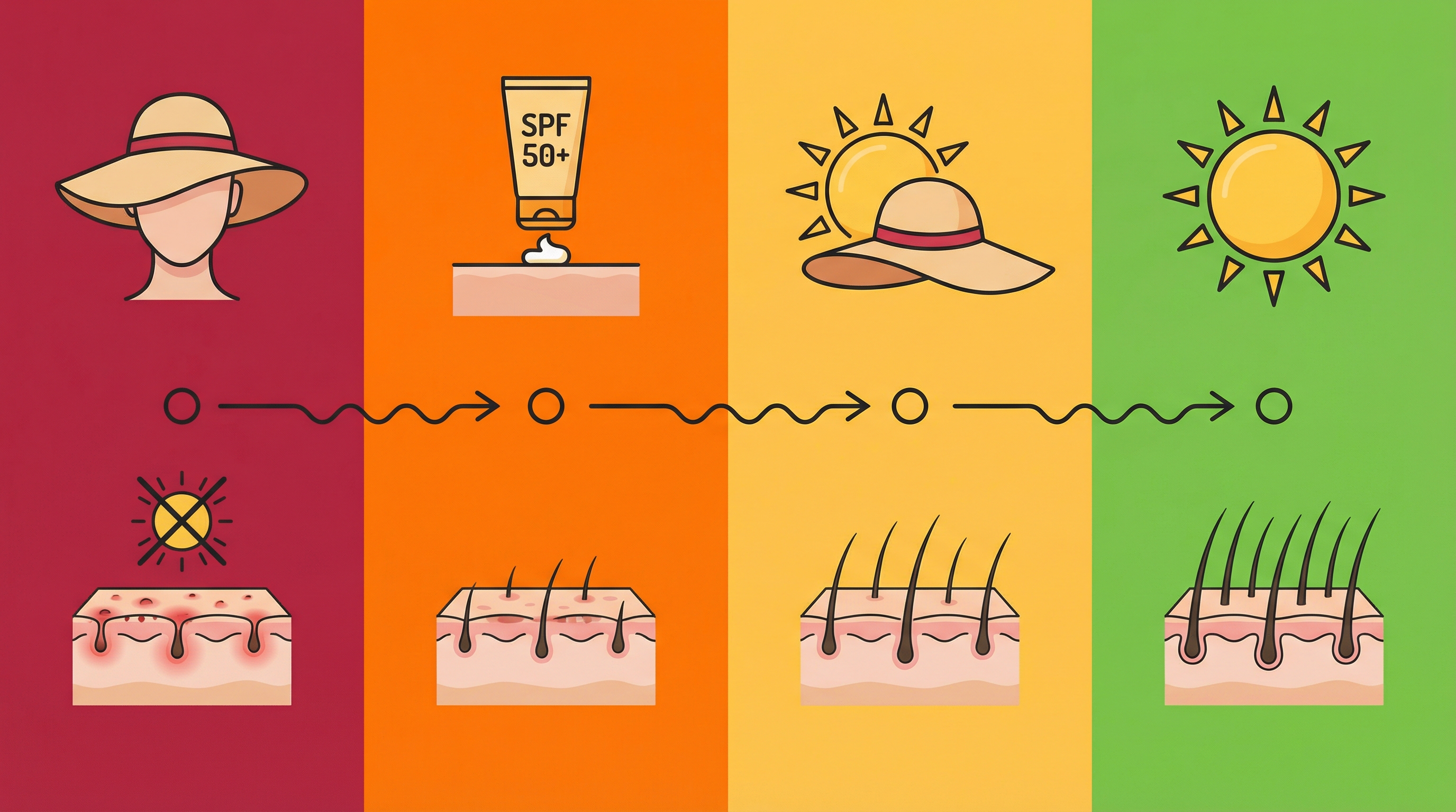 Chronologie infographique de la protection solaire après greffe de cheveux en 4 phases : Phase 1 (J0-J14) en rouge avec interdiction totale d'exposition et port de chapeau ; Phase 2 (J15-J30) en orange avec SPF 50+ minéral obligatoire ; Phase 3 (M1-M3) en jaune avec exposition progressive sous chapeau ; Phase 4 (M3-M6+) en vert avec retour à l'exposition normale — chaque phase montre l'état de cicatrisation du cuir chevelu