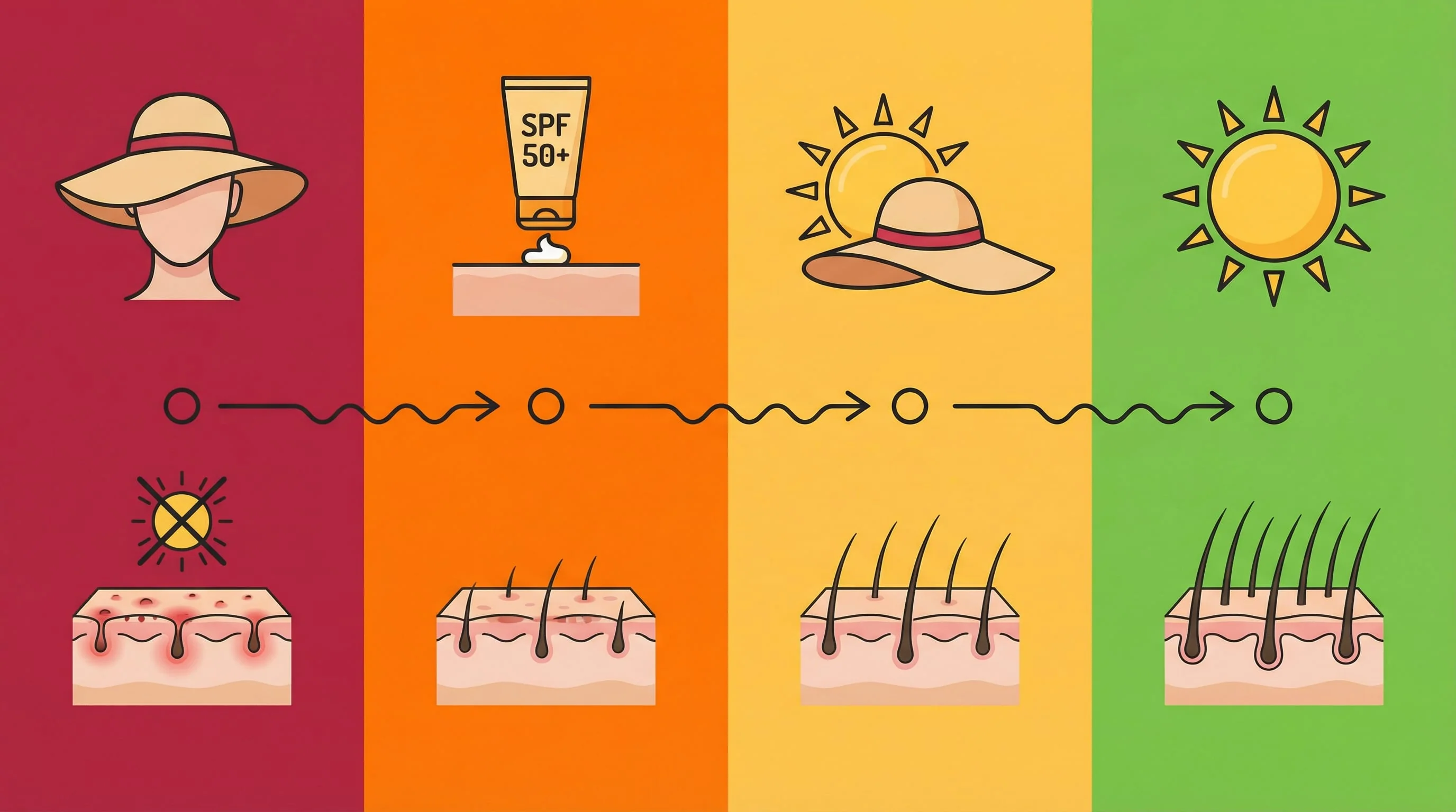 Chronologie complète de la protection UV après greffe capillaire : 4 phases de J0 à M6 | Renaissance Clinique Chronologie infographique de la protection solaire après greffe de cheveux en 4 phases : Phase 1 (J0-J14) en rouge avec interdiction totale d'exposition et port de chapeau ; Phase 2 (J15-J30) en orange avec SPF 50+ minéral obligatoire ; Phase 3 (M1-M3) en jaune avec exposition progressive sous chapeau ; Phase 4 (M3-M6+) en vert avec retour à l'exposition normale — chaque phase montre l'état de cicatrisation du cuir chevelu