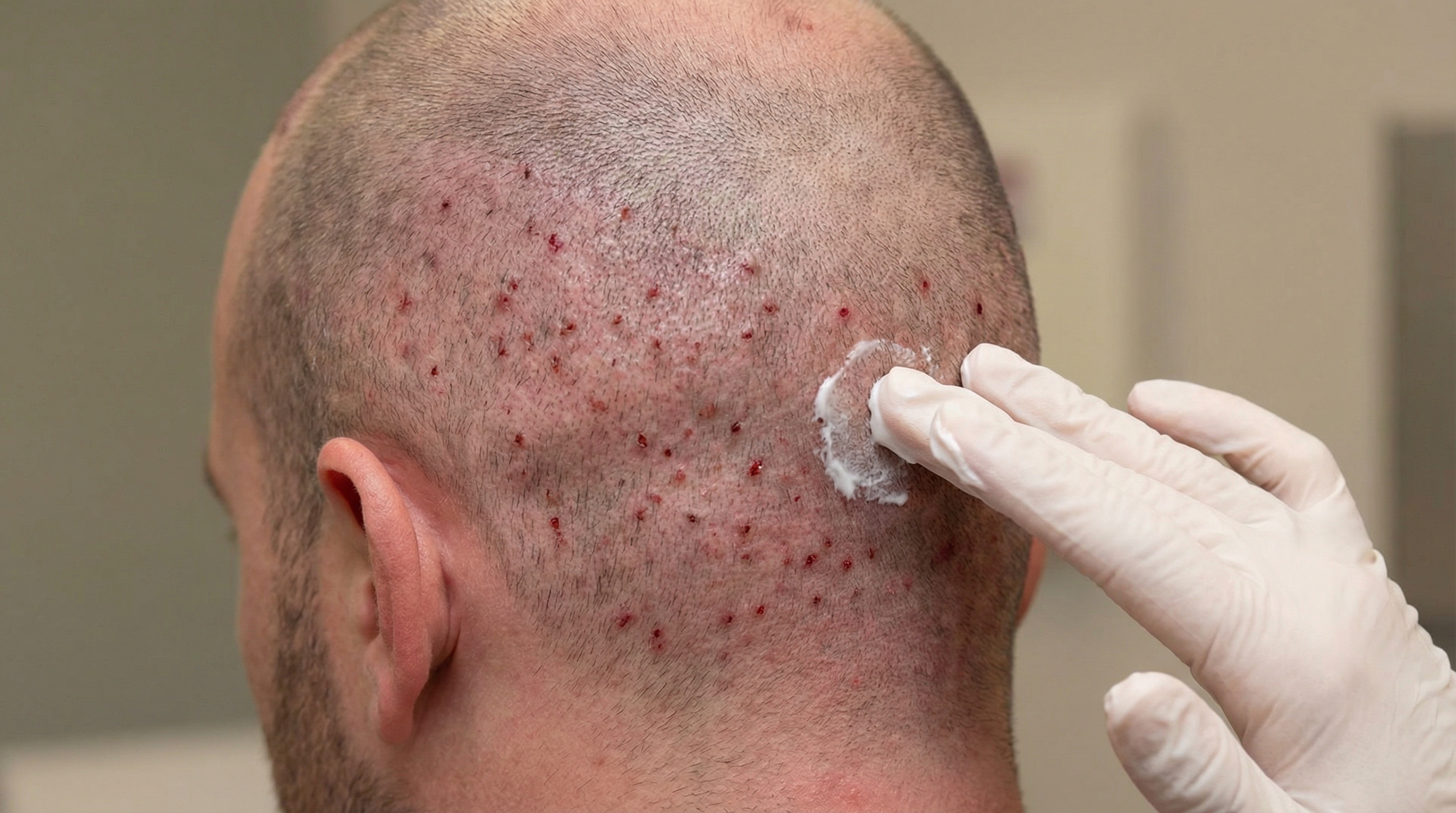 Photo clinique de la zone donneuse (arrière de la tête) 2 semaines après extraction FUE, montrant les points de cicatrisation microscopiques (0,8-1 mm) dans la zone occipitale. Une main appliquant une crème solaire minérale SPF 50+ sur la zone donneuse — documentation médicale de la protection solaire post-extraction