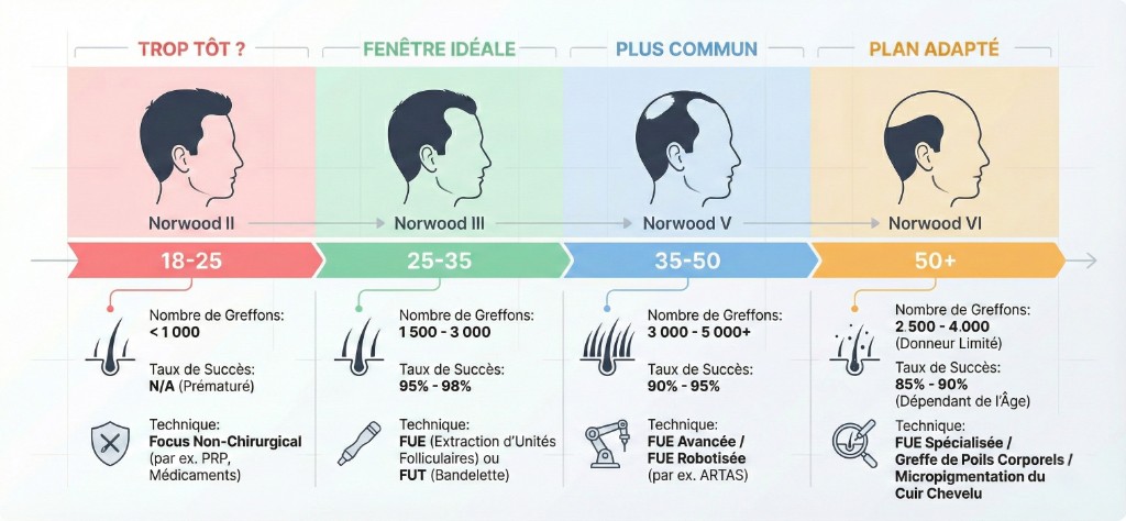 Infographie médicale des stades de perte de cheveux par tranche d'âge et recommandation de greffe : 18-25 ans (Norwood II, trop tôt, focus non-chirurgical PRP et médicaments, <1 000 greffons), 25-35 ans (Norwood III, fenêtre idéale, FUE ou FUT, 1 500-3 000 greffons, taux de succès 95-98%), 35-50 ans (Norwood V, plus commun, FUE avancée ou robotisée, 3 000-5 000+ greffons, taux 90-95%), 50+ ans (Norwood VI, plan adapté, FUE spécialisée ou micropigmentation, 2 500-4 000 greffons donneur limité, taux 85-90%)