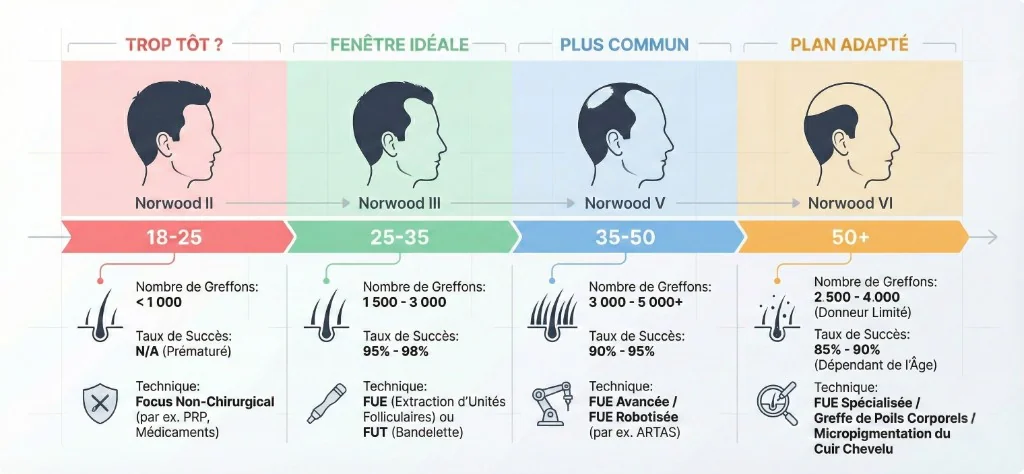 Infographie médicale des stades de perte de cheveux par tranche d'âge et recommandation de greffe : 18-25 ans (Norwood II, trop tôt, focus non-chirurgical PRP et médicaments, <1 000 greffons), 25-35 ans (Norwood III, fenêtre idéale, FUE ou FUT, 1 500-3 000 greffons, taux de succès 95-98%), 35-50 ans (Norwood V, plus commun, FUE avancée ou robotisée, 3 000-5 000+ greffons, taux 90-95%), 50+ ans (Norwood VI, plan adapté, FUE spécialisée ou micropigmentation, 2 500-4 000 greffons donneur limité, taux 85-90%)