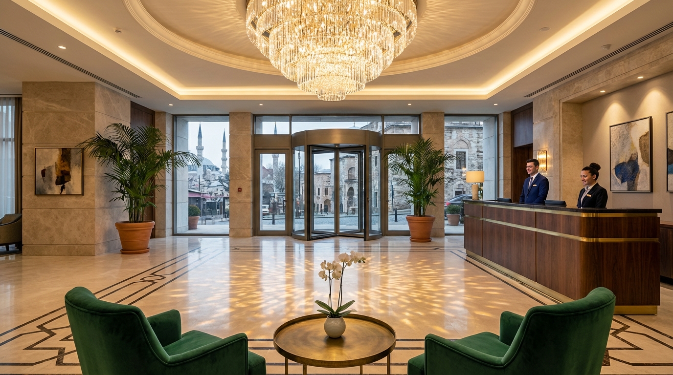 Intérieur d'un hôtel 5 étoiles moderne et luxueux à Istanbul — chambre avec vue panoramique, literie premium, mobilier contemporain