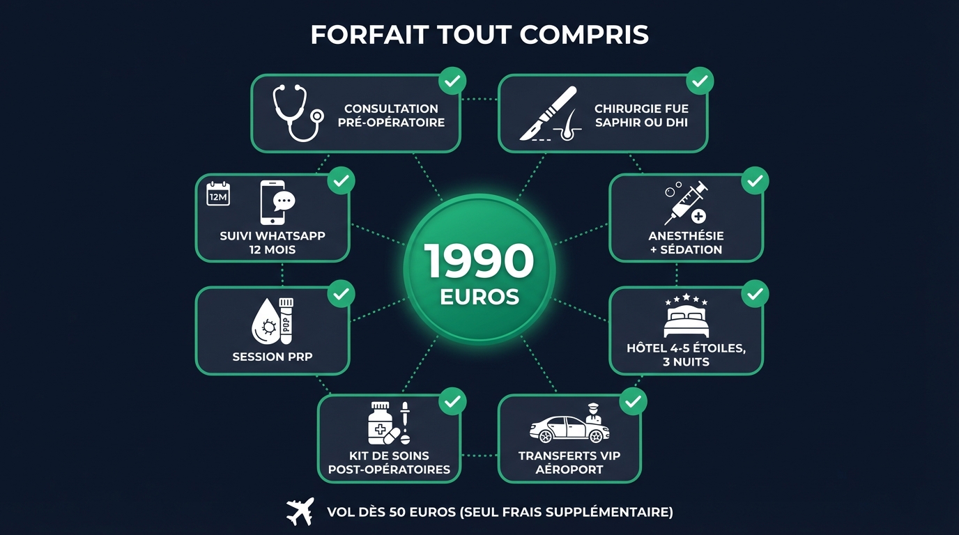 Infographie des 8 prestations incluses dans le forfait greffe de cheveux tout compris : consultation, intervention, anesthésie, hôtel, transferts, kit, PRP, suivi